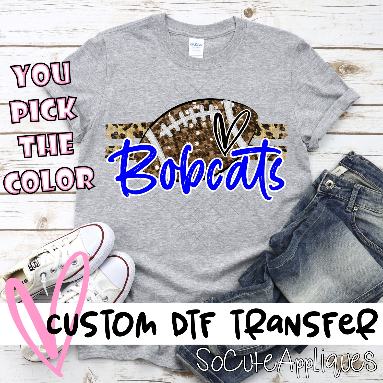 CUSTOM BOBCATS (faux) glitter Football on leopard stripes *DTF* Transfer
