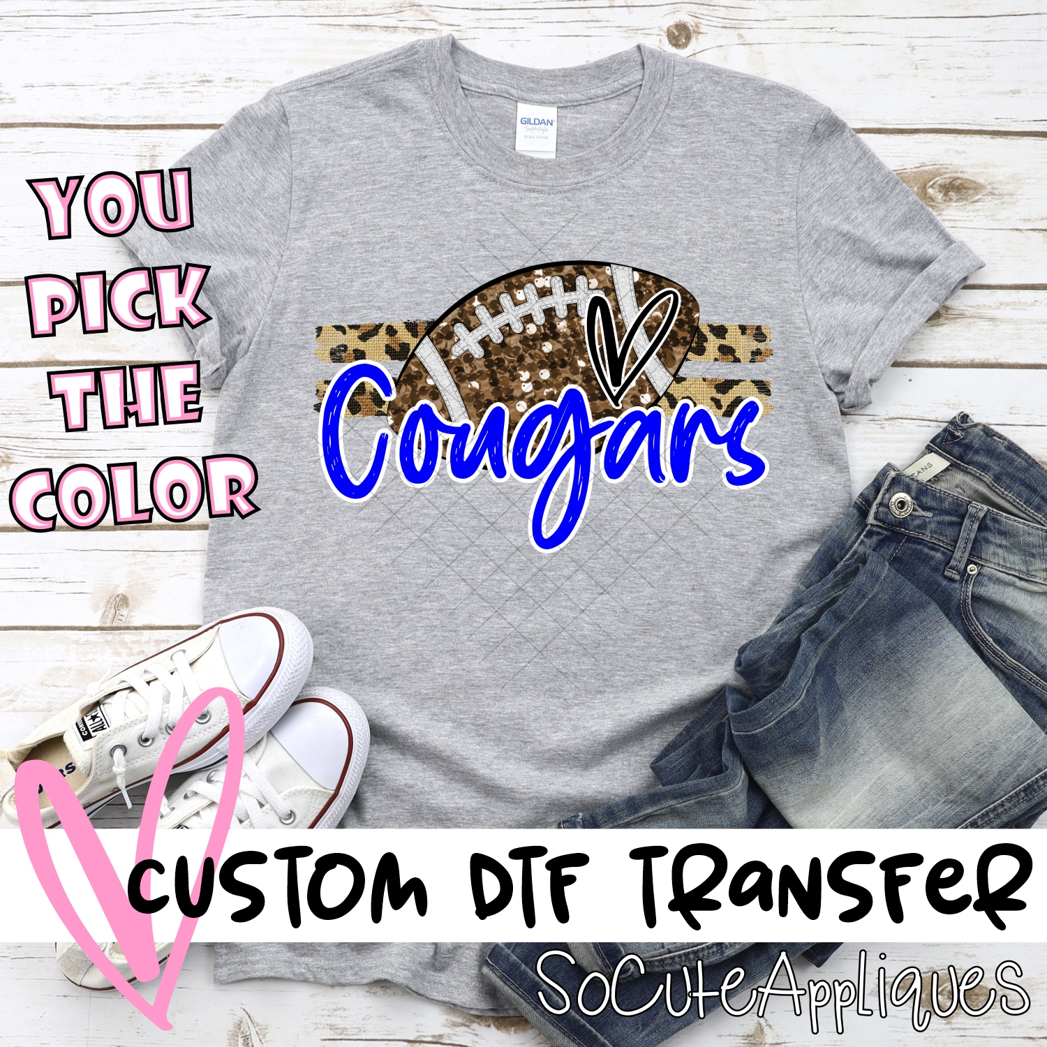 CUSTOM COUGARS (faux) glitter Football on leopard stripes *DTF* Transfer