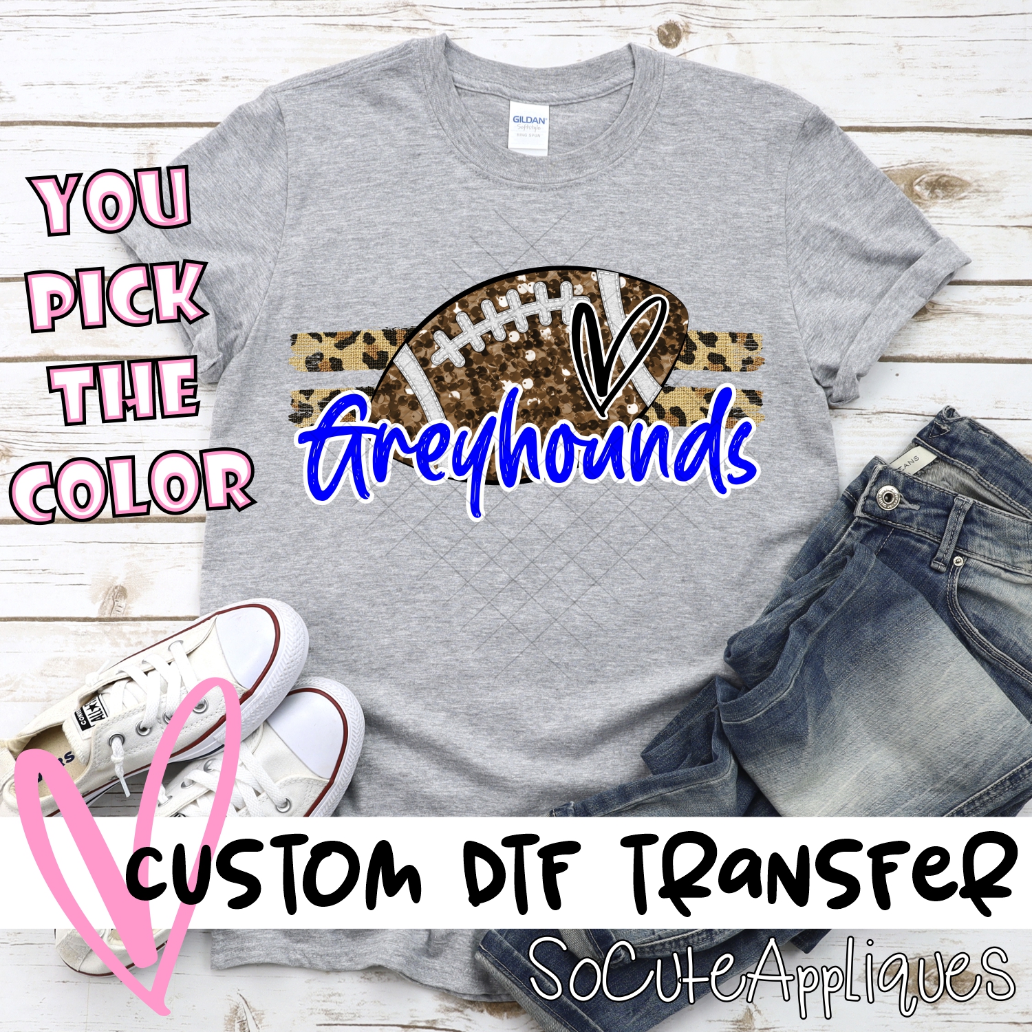 CUSTOM GREYHOUNDS (faux) glitter Football on leopard stripes *DTF* Transfer