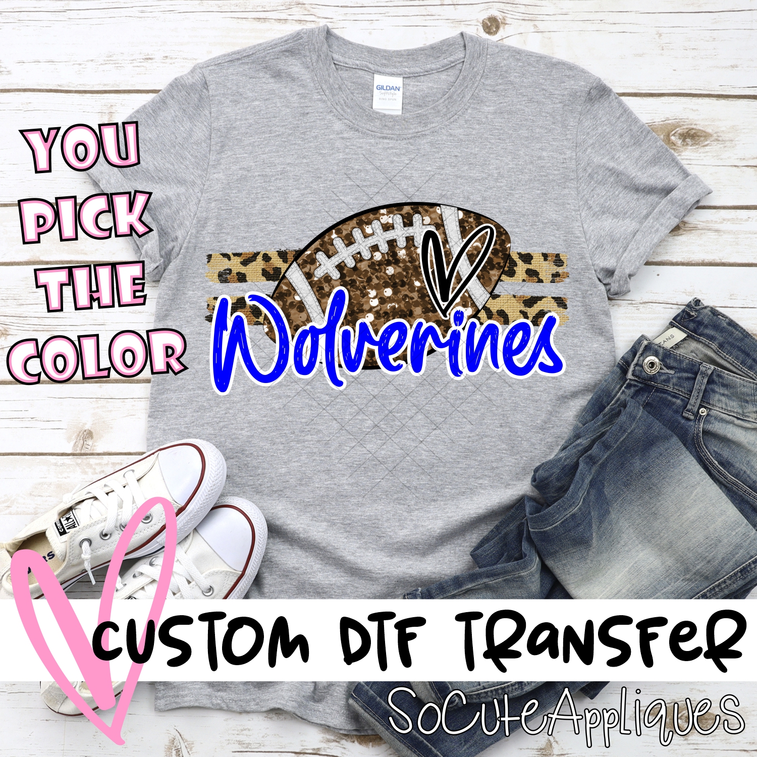 CUSTOM WOLVERINES (faux) glitter Football on leopard stripes *DTF* Transfer