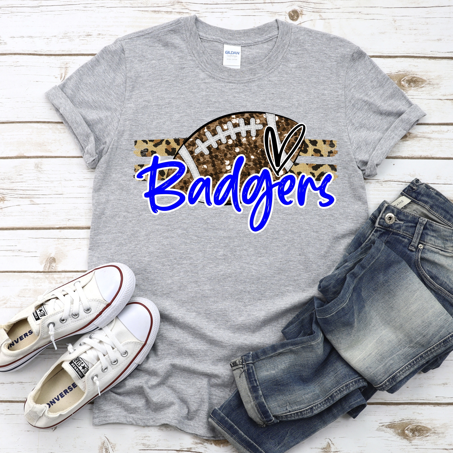 CUSTOM BADGERS (faux) glitter Football on leopard stripes *DTF* Transfer - Image 2