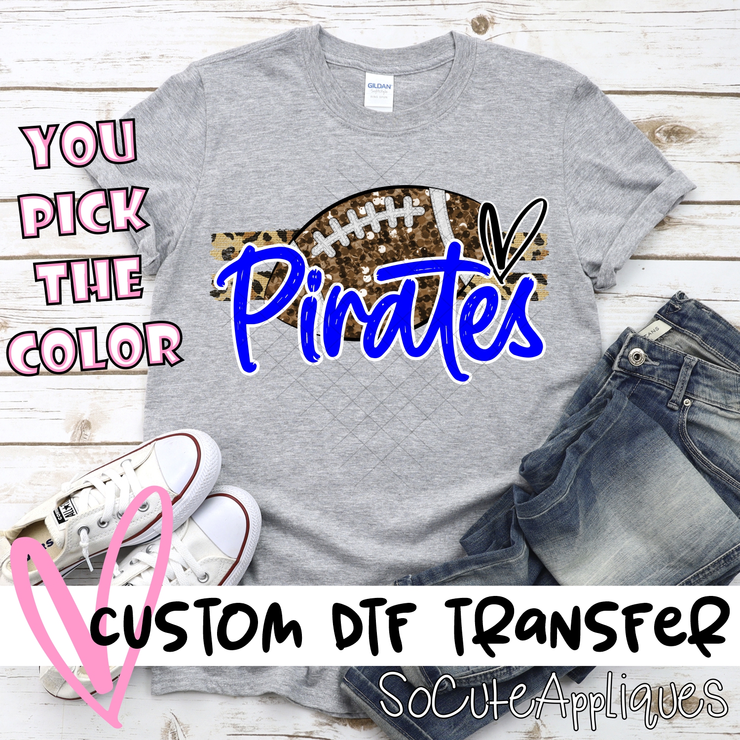 CUSTOM PIRATES (faux) glitter Football on leopard stripes *DTF* Transfer
