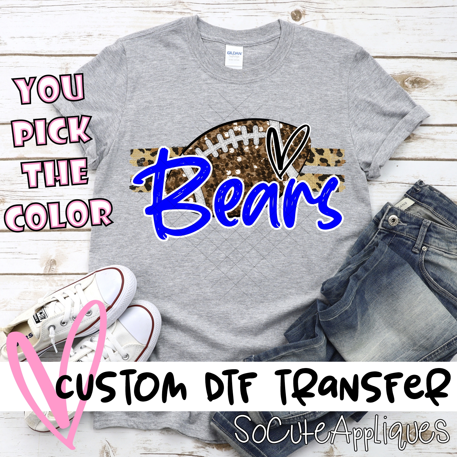 CUSTOM BEARS (faux) glitter Football on leopard stripes *DTF* Transfer