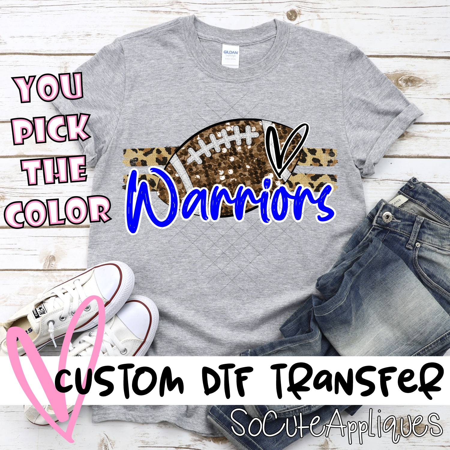 CUSTOM WARRIORS (faux) glitter Football on leopard stripes *DTF* Transfer