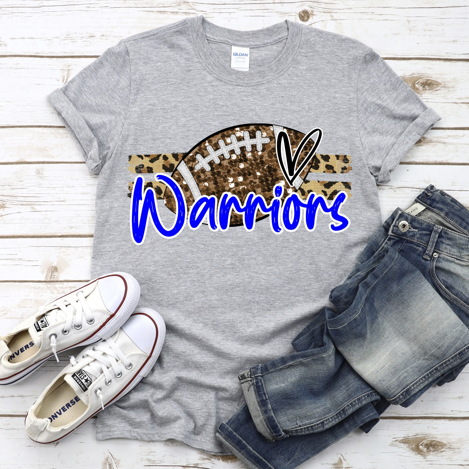 CUSTOM WARRIORS (faux) glitter Football on leopard stripes *DTF* Transfer - Image 2