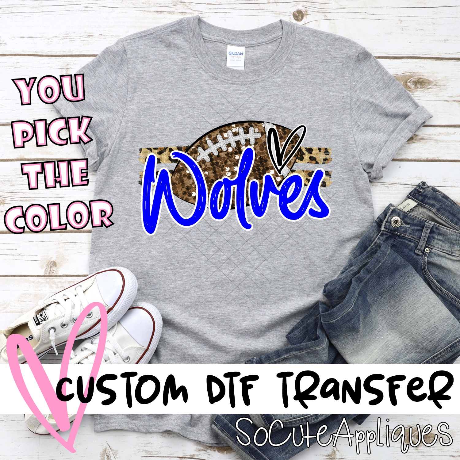 CUSTOM WOLVES (faux) glitter Football on leopard stripes *DTF* Transfer
