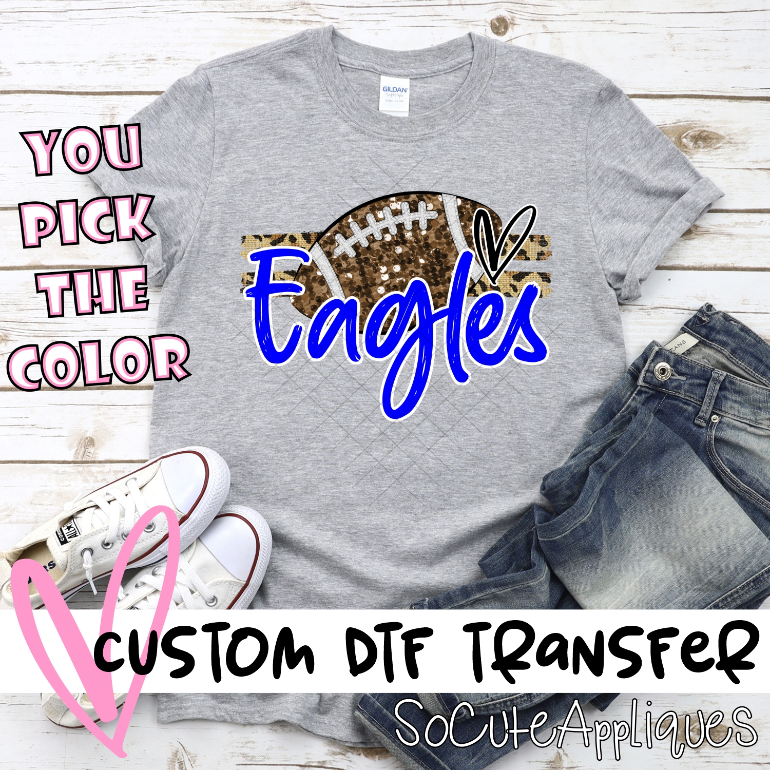 CUSTOM EAGLES (faux) glitter Football on leopard stripes *DTF* Transfer