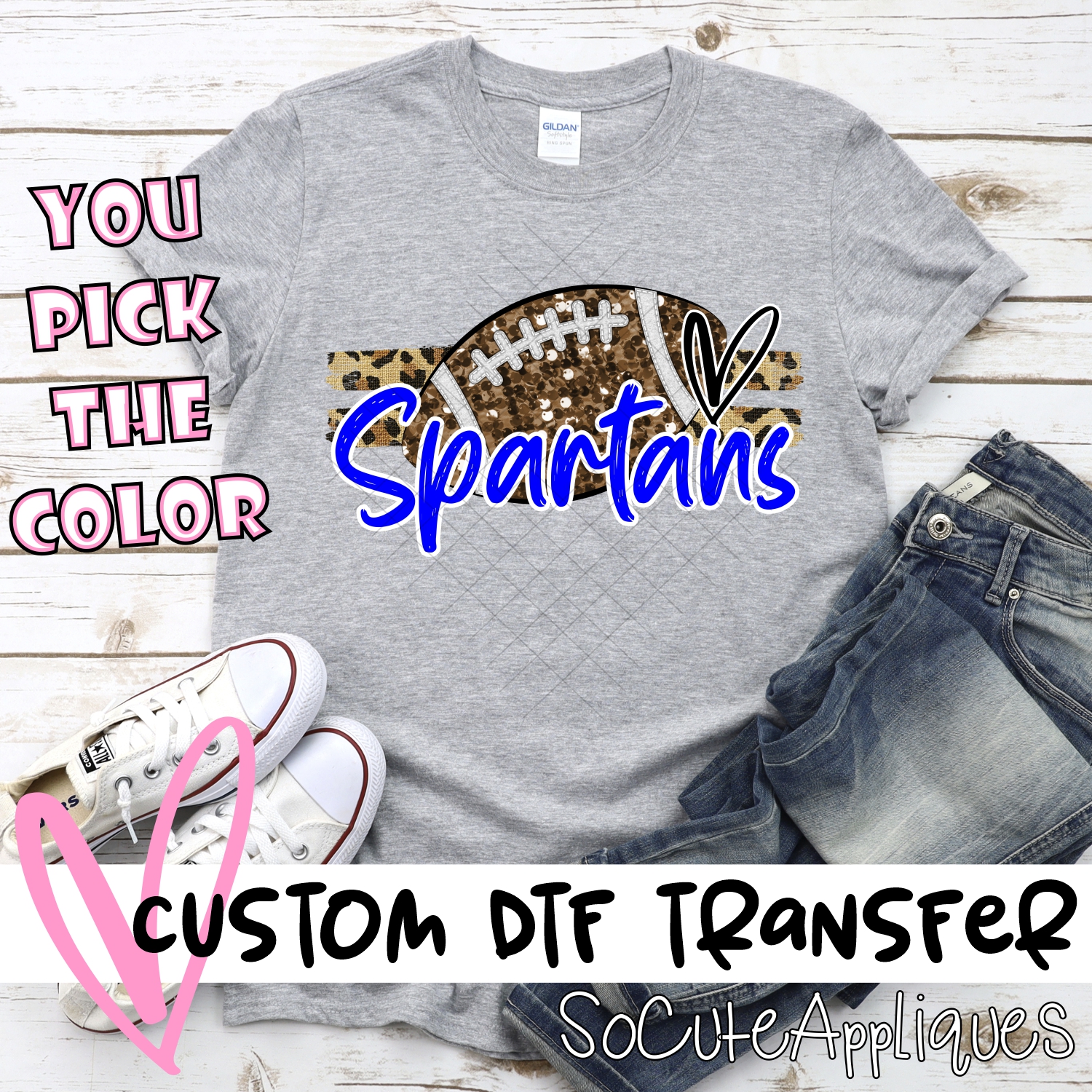 CUSTOM SPARTANS (faux) glitter Football on leopard stripes *DTF* Transfer