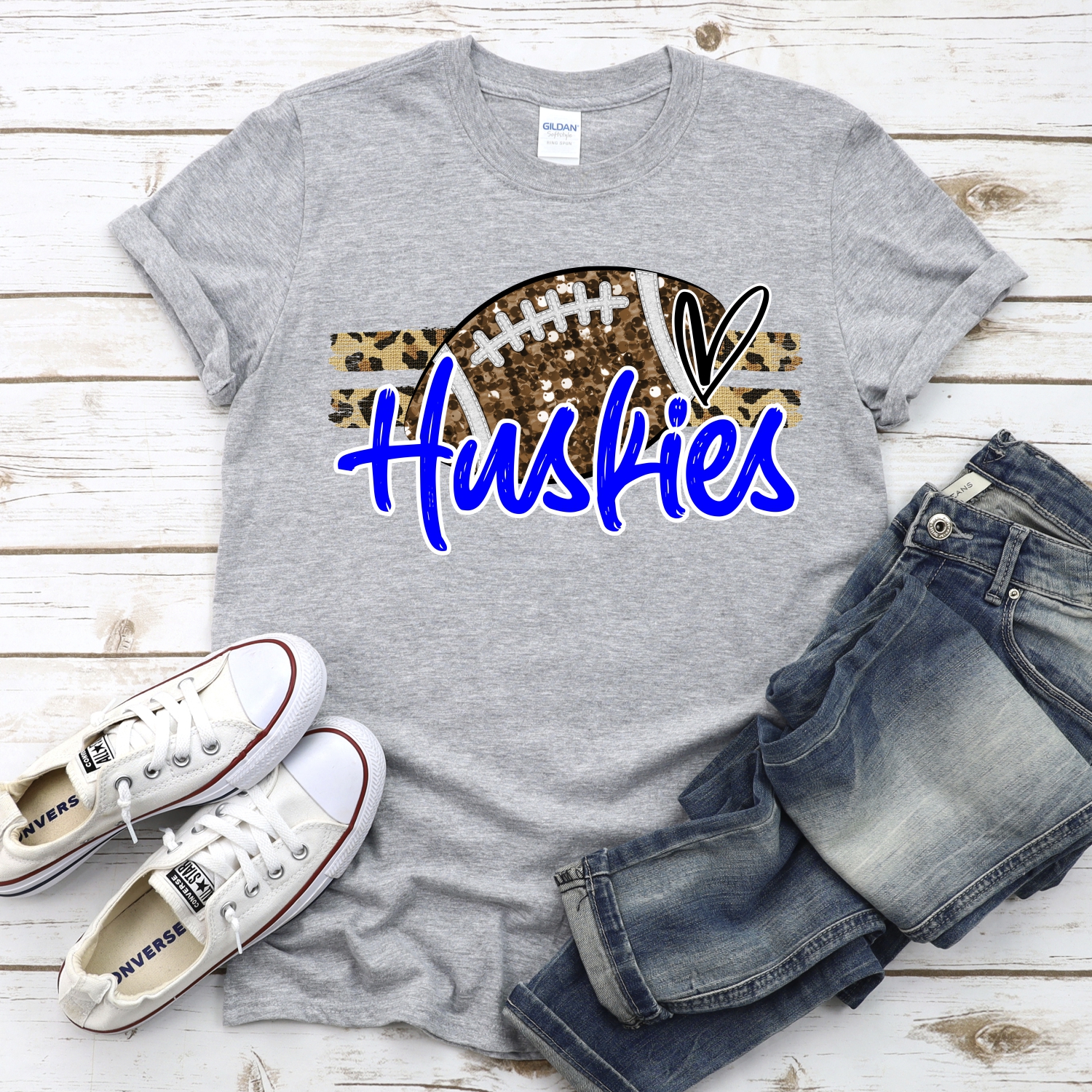 CUSTOM HUSKIES (faux) glitter Football on leopard stripes *DTF* Transfer - Image 2
