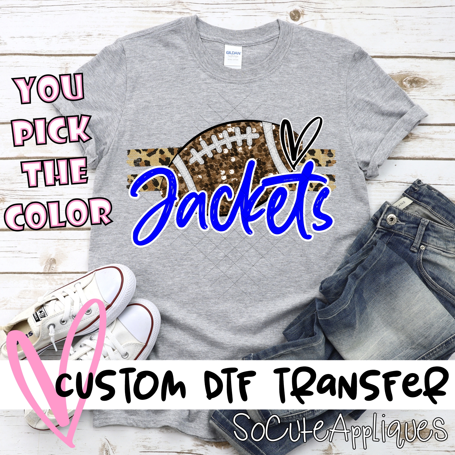 CUSTOM JACKETS (faux) glitter Football on leopard stripes *DTF* Transfer