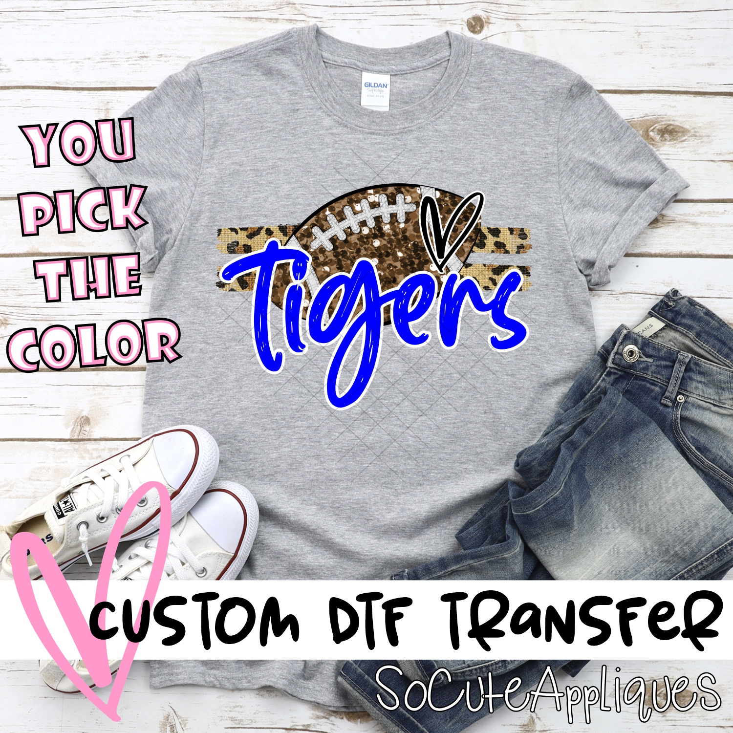 CUSTOM TIGERS (faux) glitter Football on leopard stripes *DTF* Transfer
