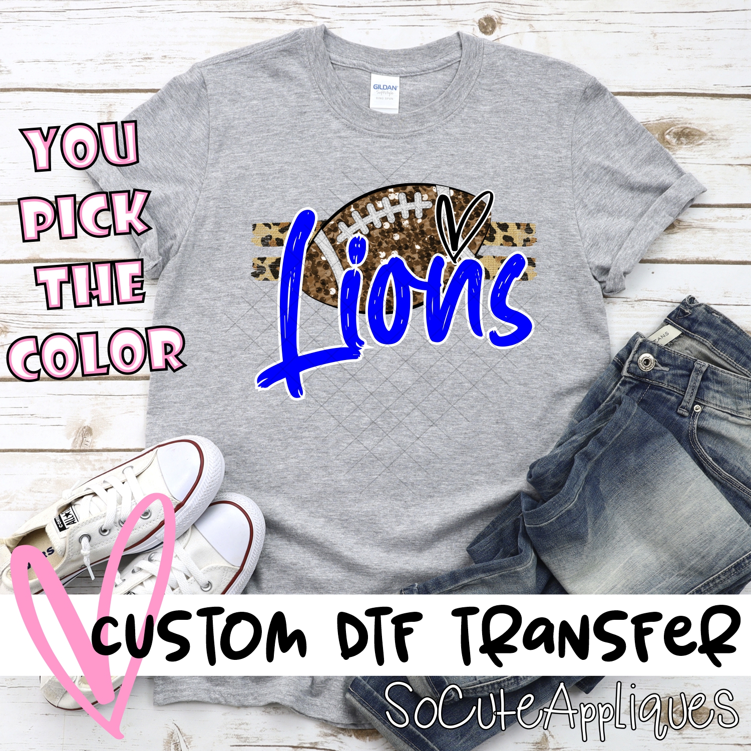 CUSTOM LIONS (faux) glitter Football on leopard stripes *DTF* Transfer