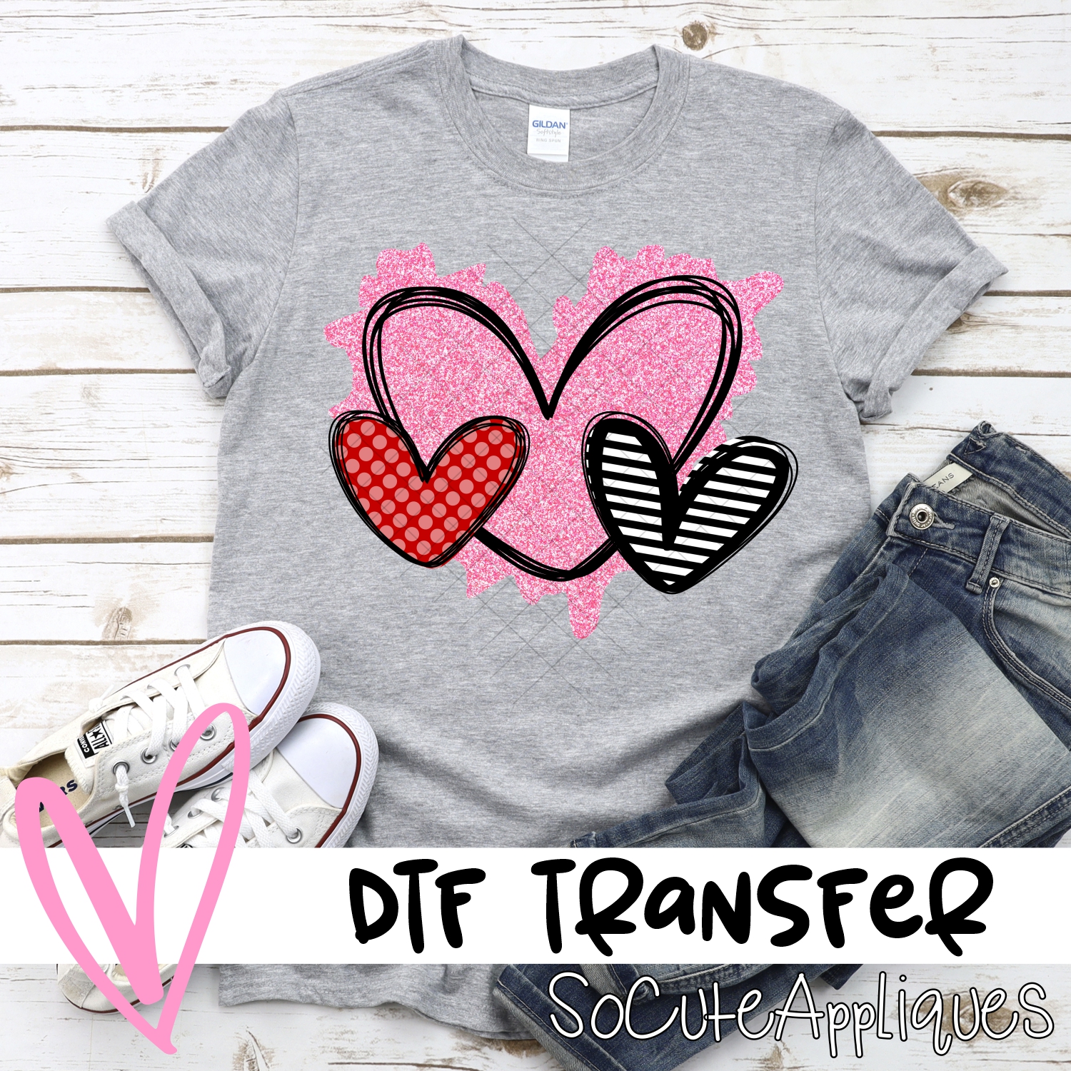 Red dot pink glitter striped heart trio *DTF* Transfer