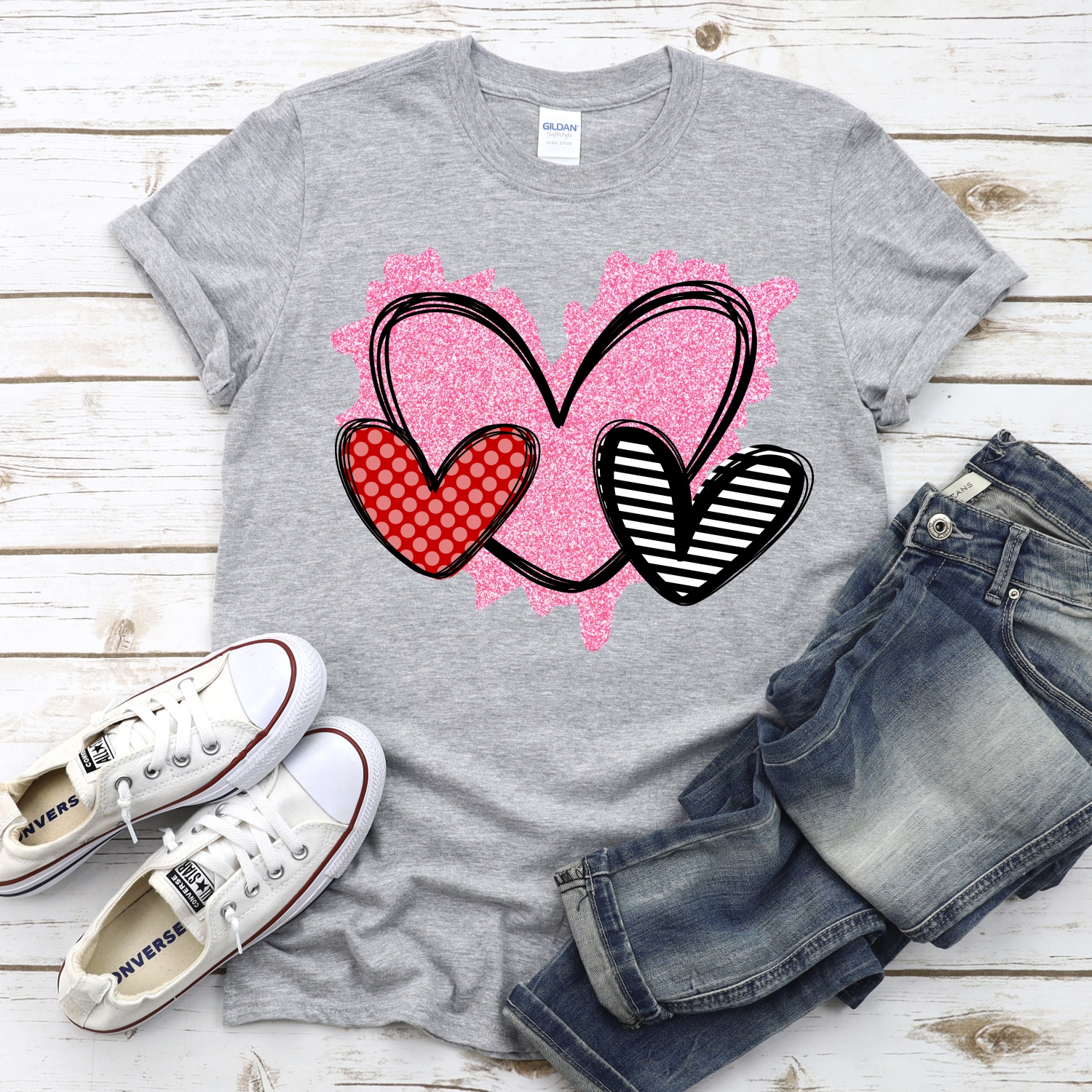 Red dot pink glitter striped heart trio *DTF* Transfer - Image 2