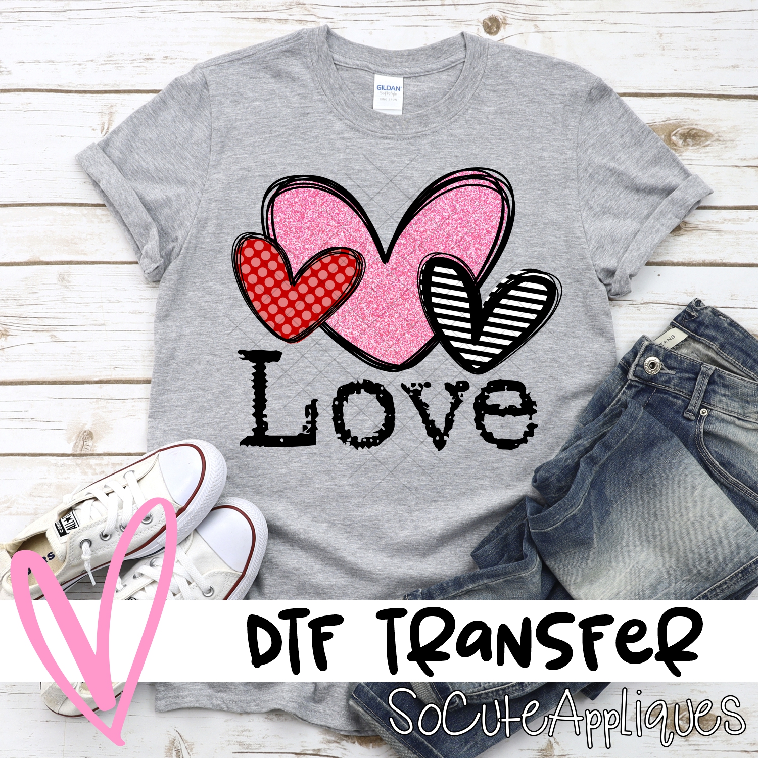 LOVE Red dot pink glitter striped heart trio *DTF* Transfer
