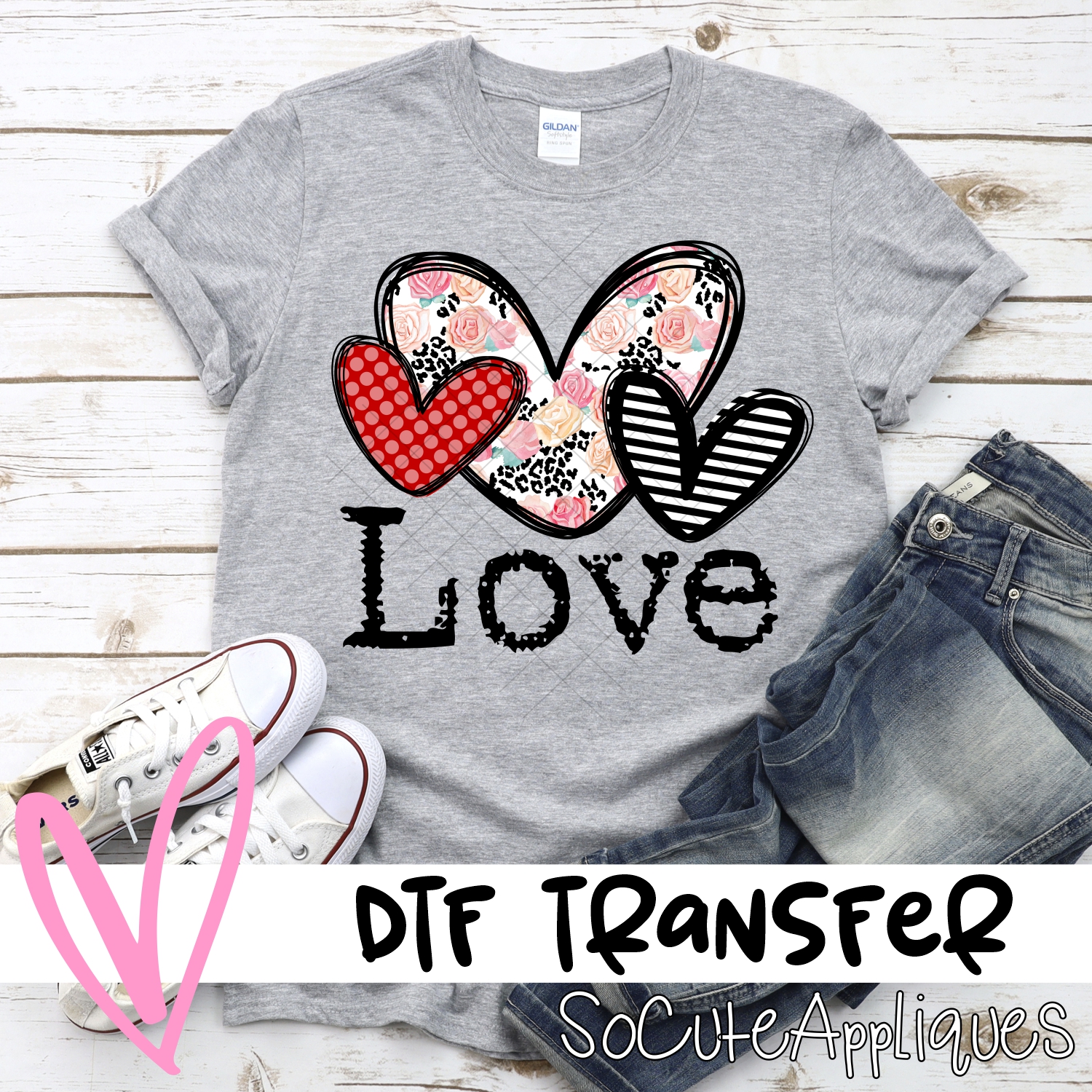 LOVE Red dot flowered striped heart trio *DTF* Transfer