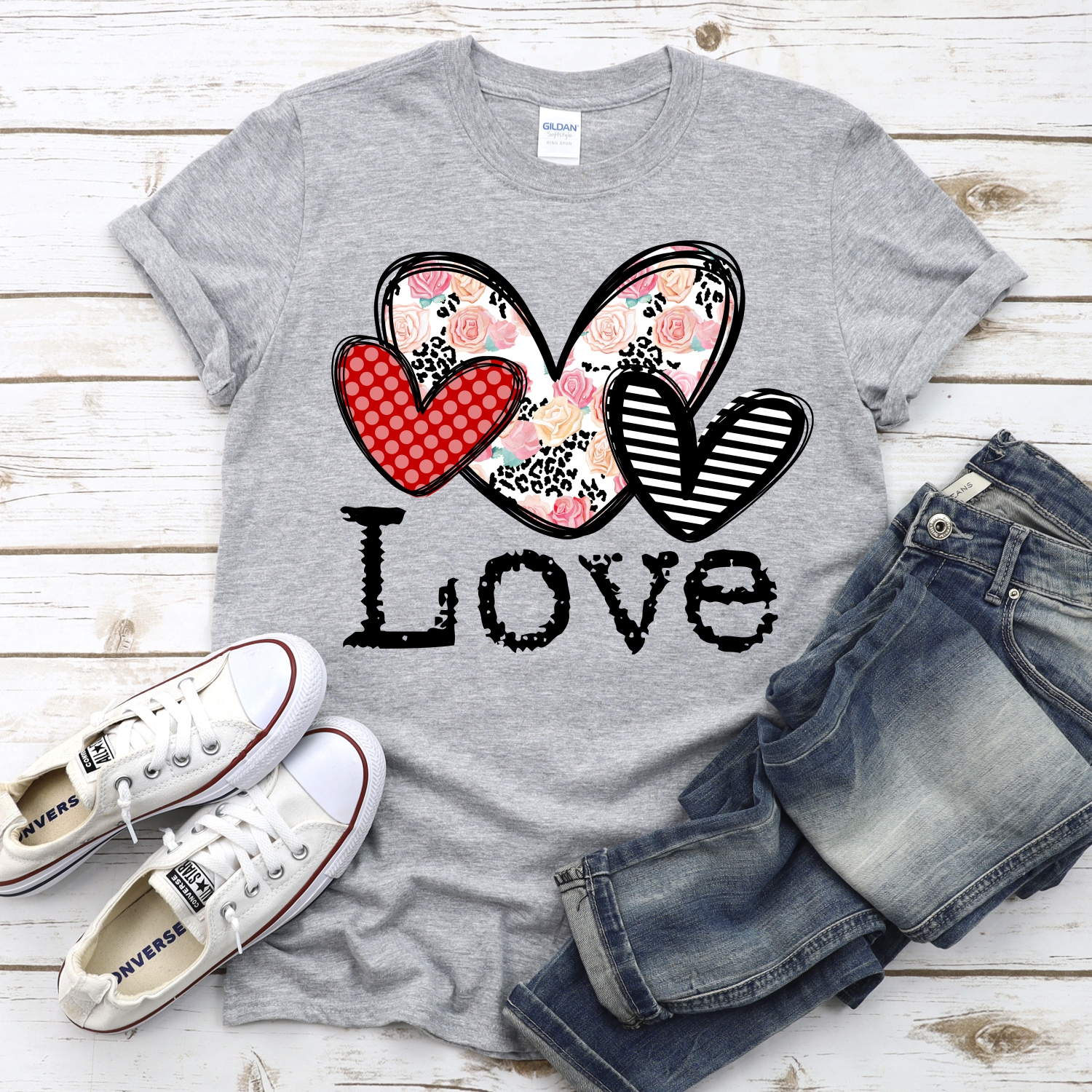 LOVE Red dot flowered striped heart trio *DTF* Transfer - Image 2