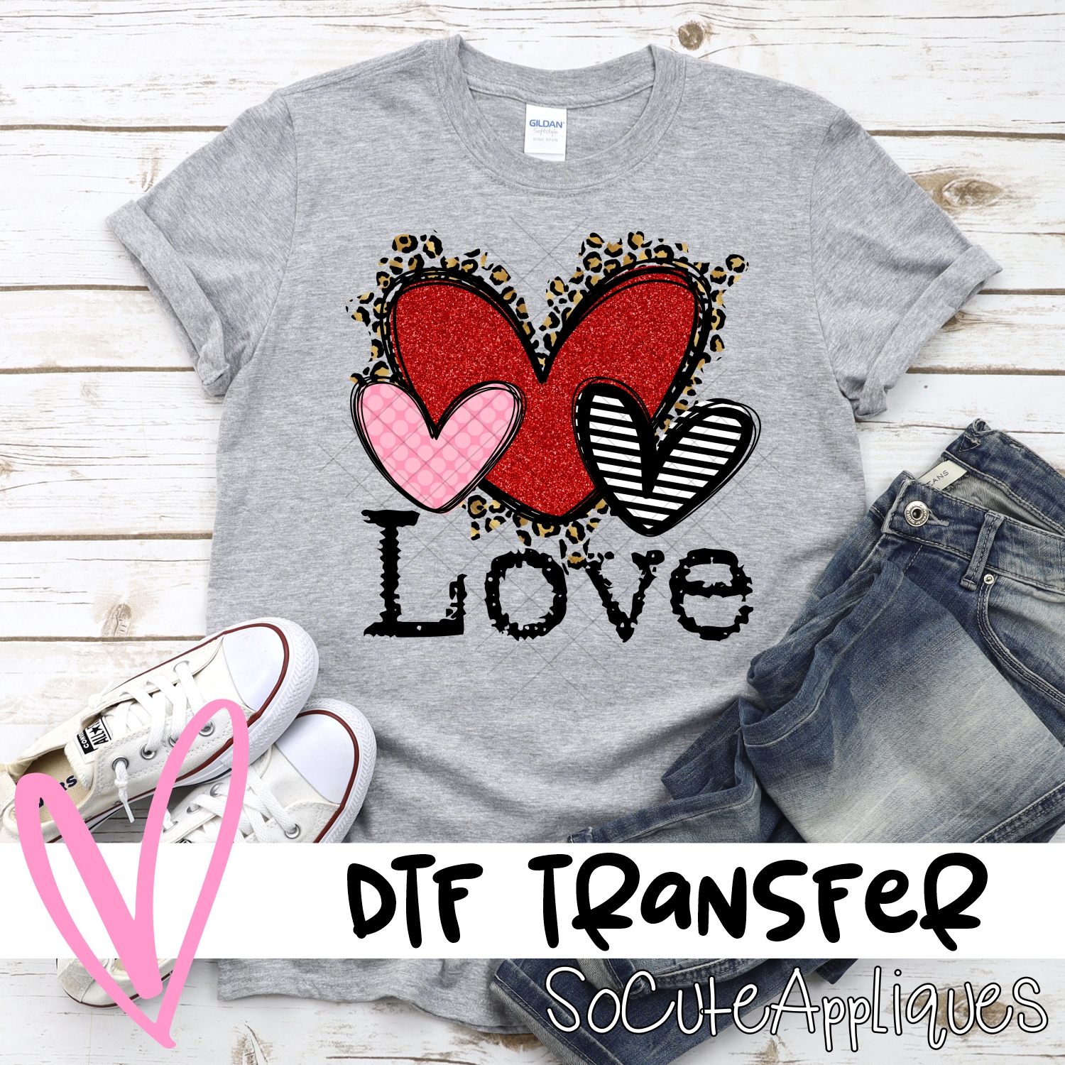 LOVE pink dot messy leopard and red striped heart trio *DTF* Transfer