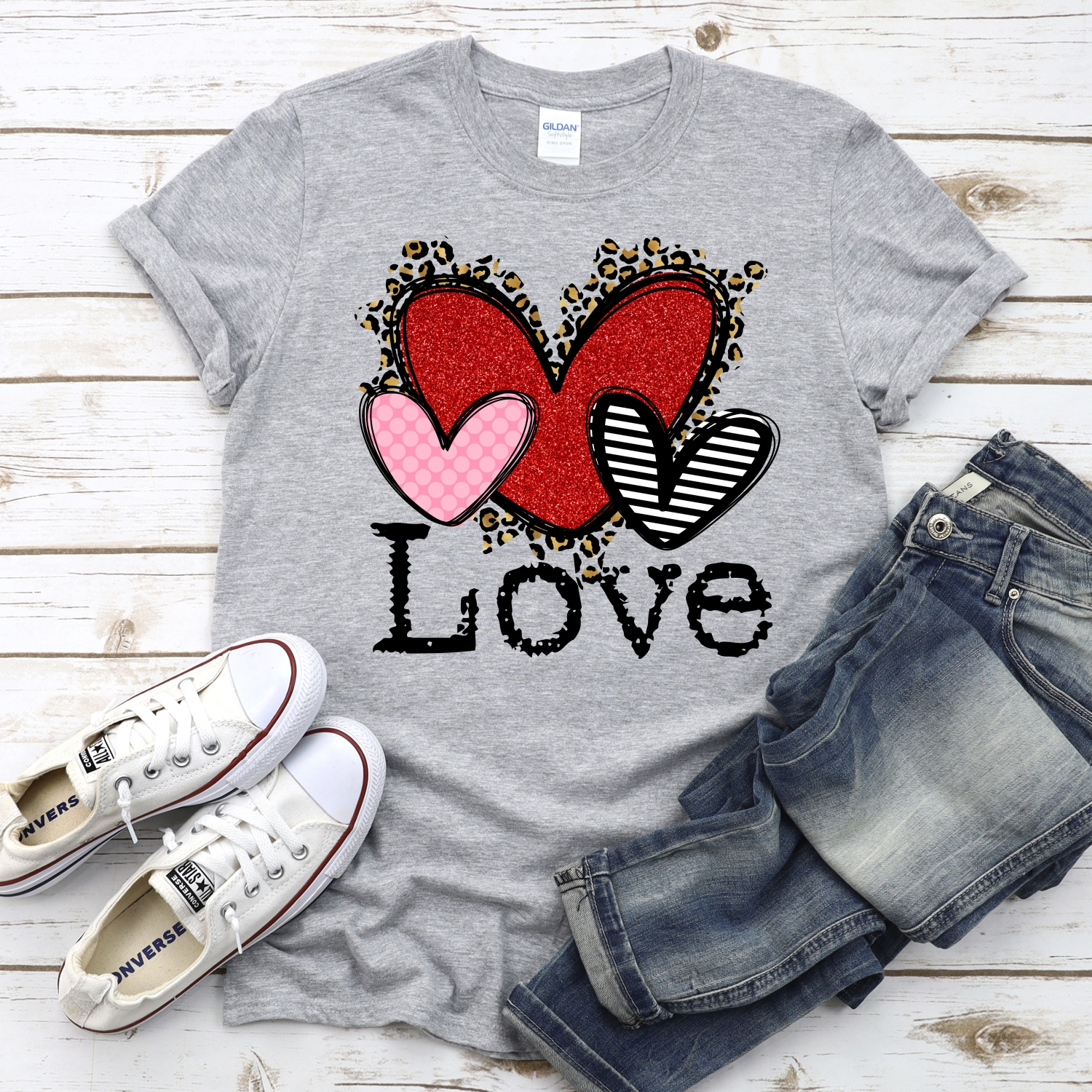 LOVE pink dot messy leopard and red striped heart trio *DTF* Transfer - Image 2