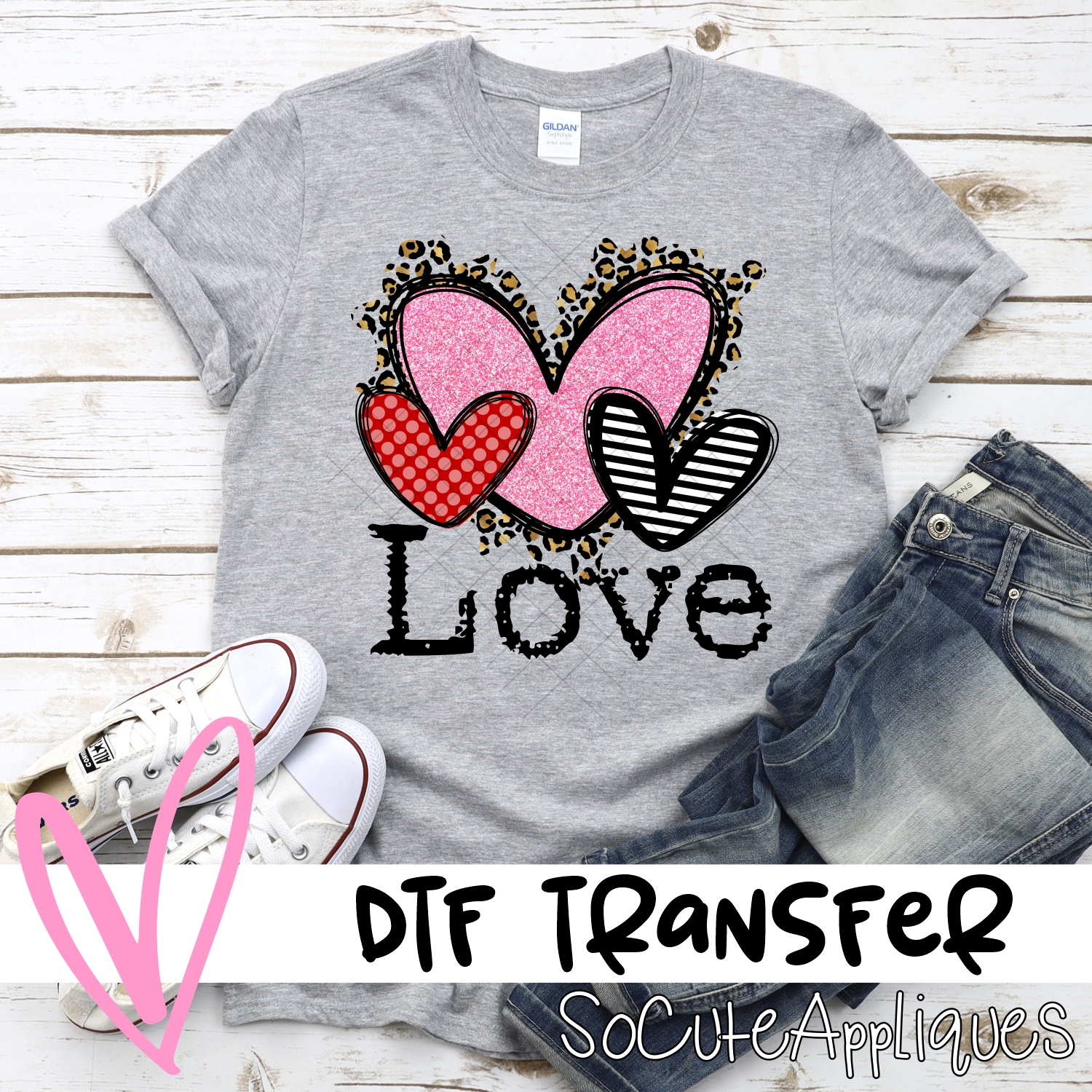 LOVE red dot messy leopard and pink striped heart trio *DTF* Transfer