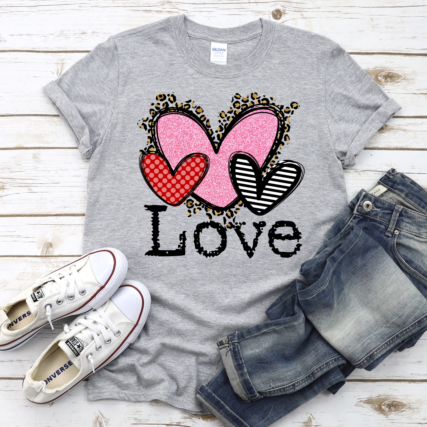 LOVE red dot messy leopard and pink striped heart trio *DTF* Transfer - Image 2