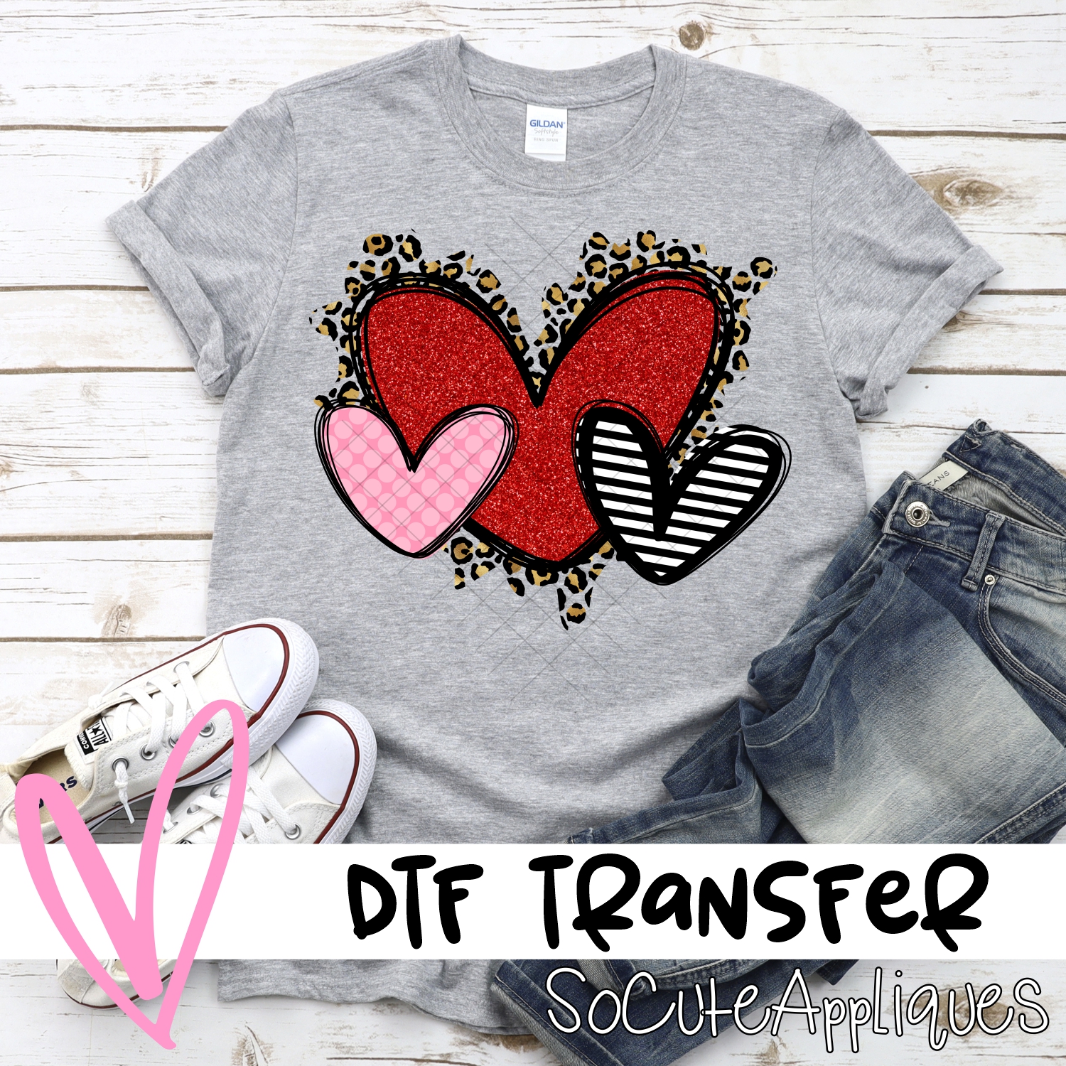 pink dot messy leopard and red striped heart trio *DTF* Transfer