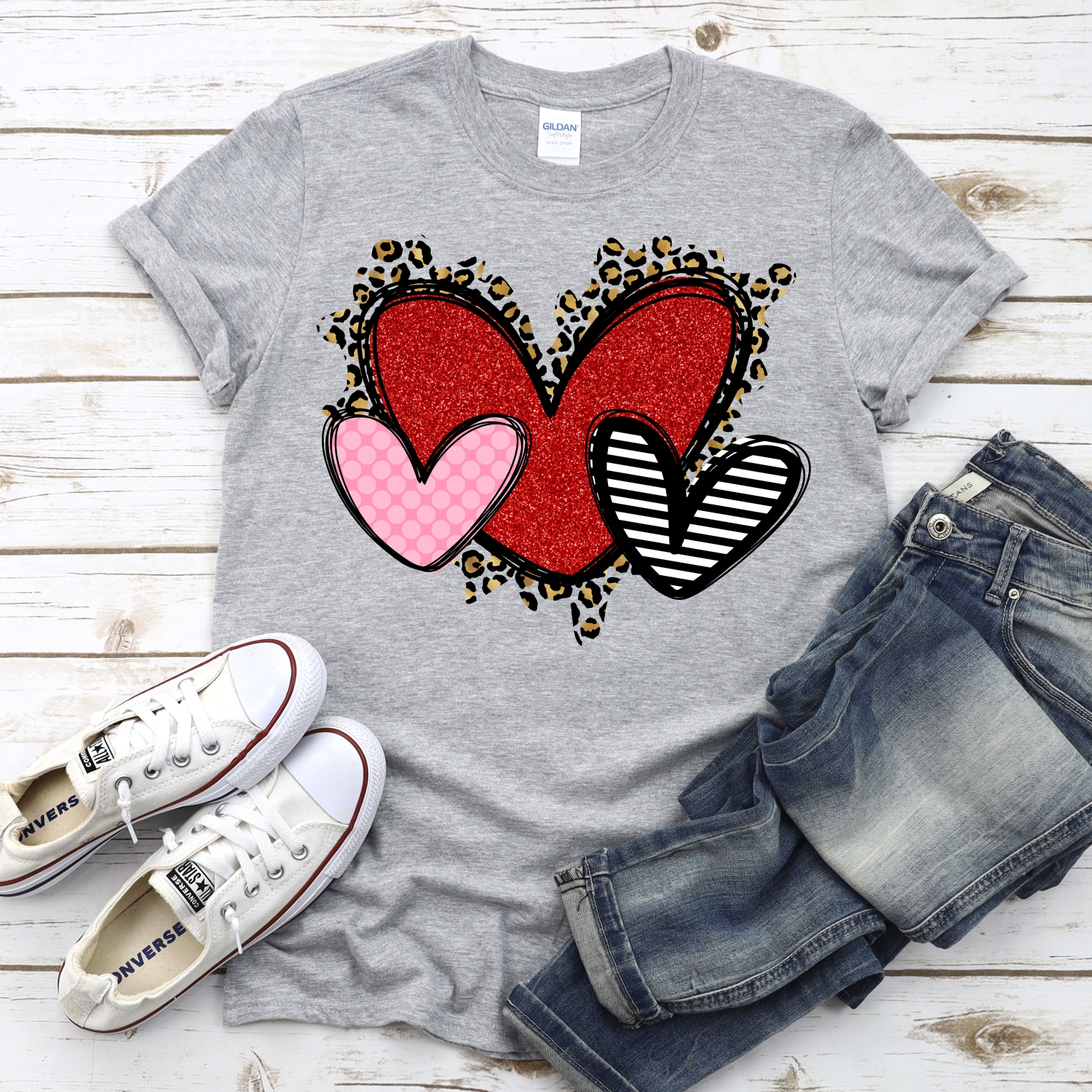 pink dot messy leopard and red striped heart trio *DTF* Transfer - Image 2