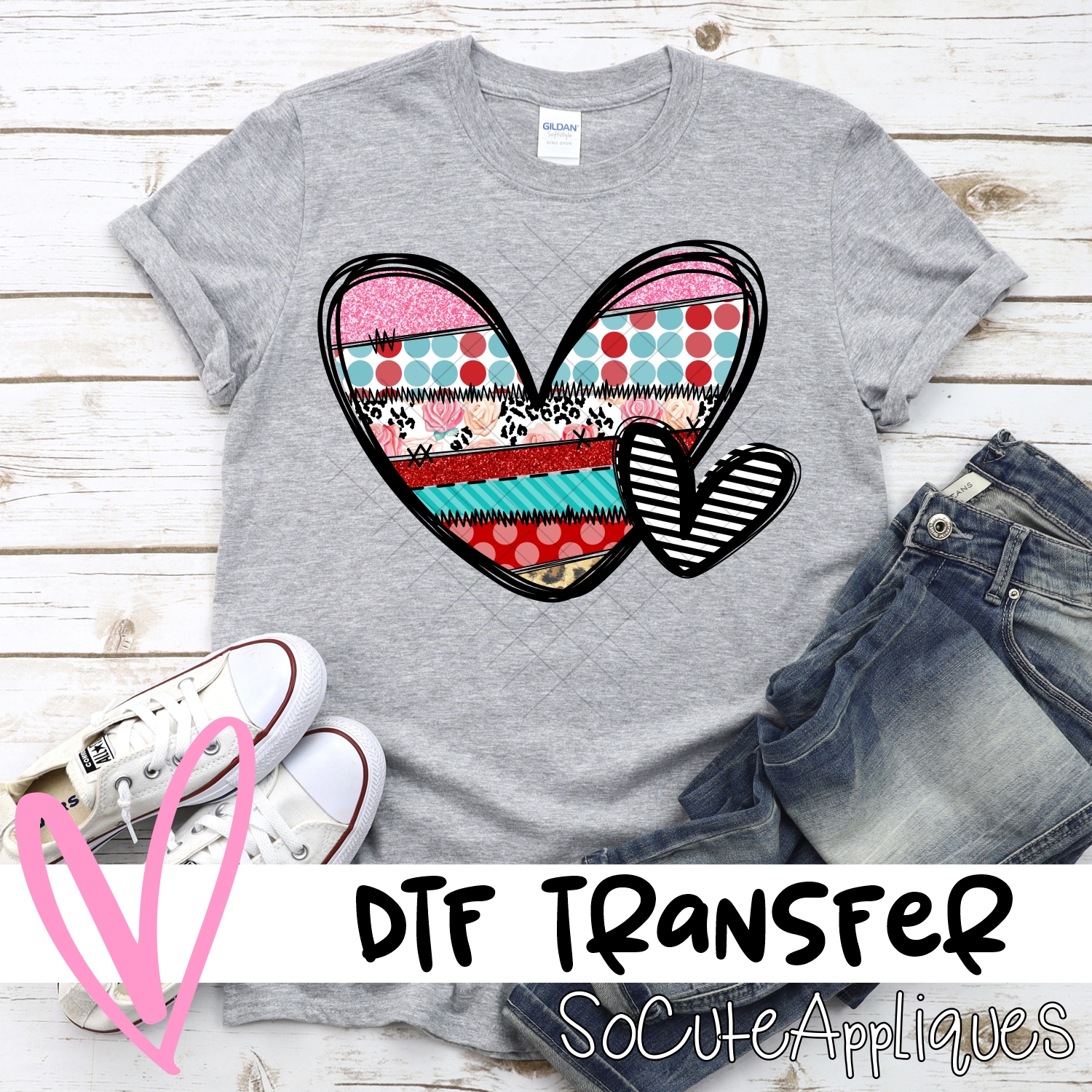 Red pink blue patch heart duo *DTF* Transfer
