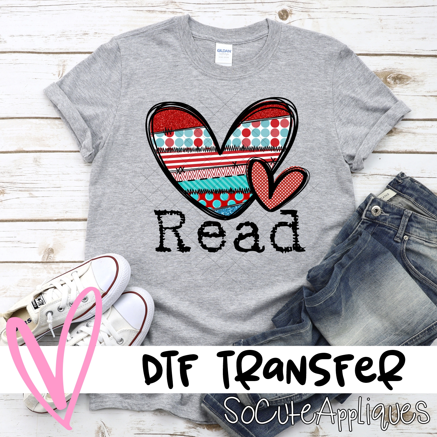 Red pink blue patch heart duo READ *DTF* Transfer