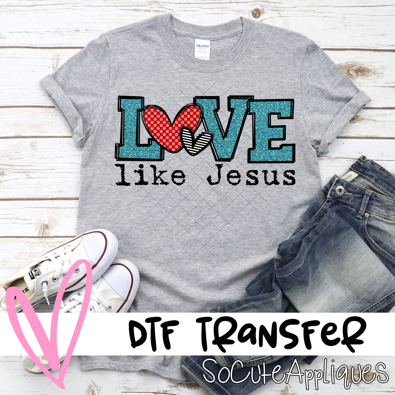 Love like Jesus blue glitter red stripe heart *DTF* Transfer