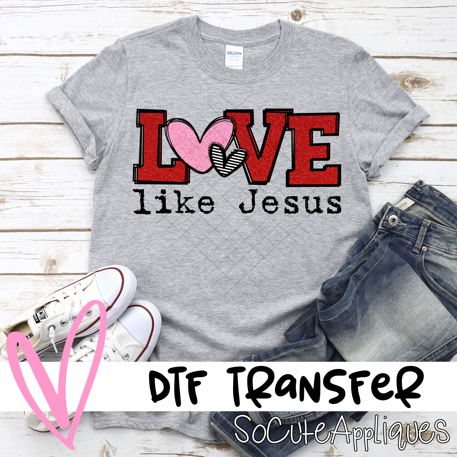 Love like Jesus red glitter pink stripe heart *DTF* Transfer