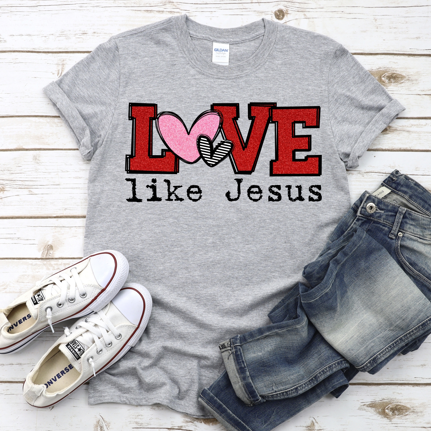 Love like Jesus red glitter pink stripe heart *DTF* Transfer - Image 2