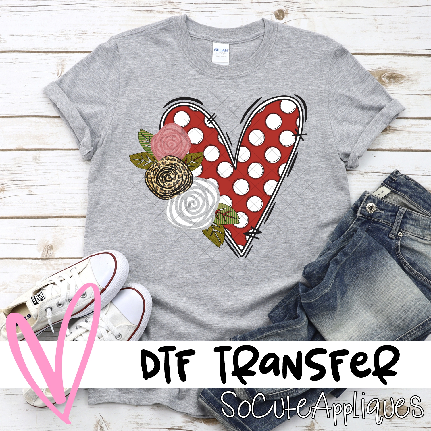Red dot heart with roses *DTF* Transfer