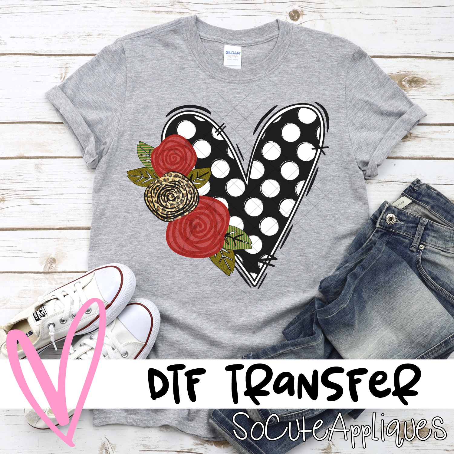 Black dot heart with roses *DTF* Transfer