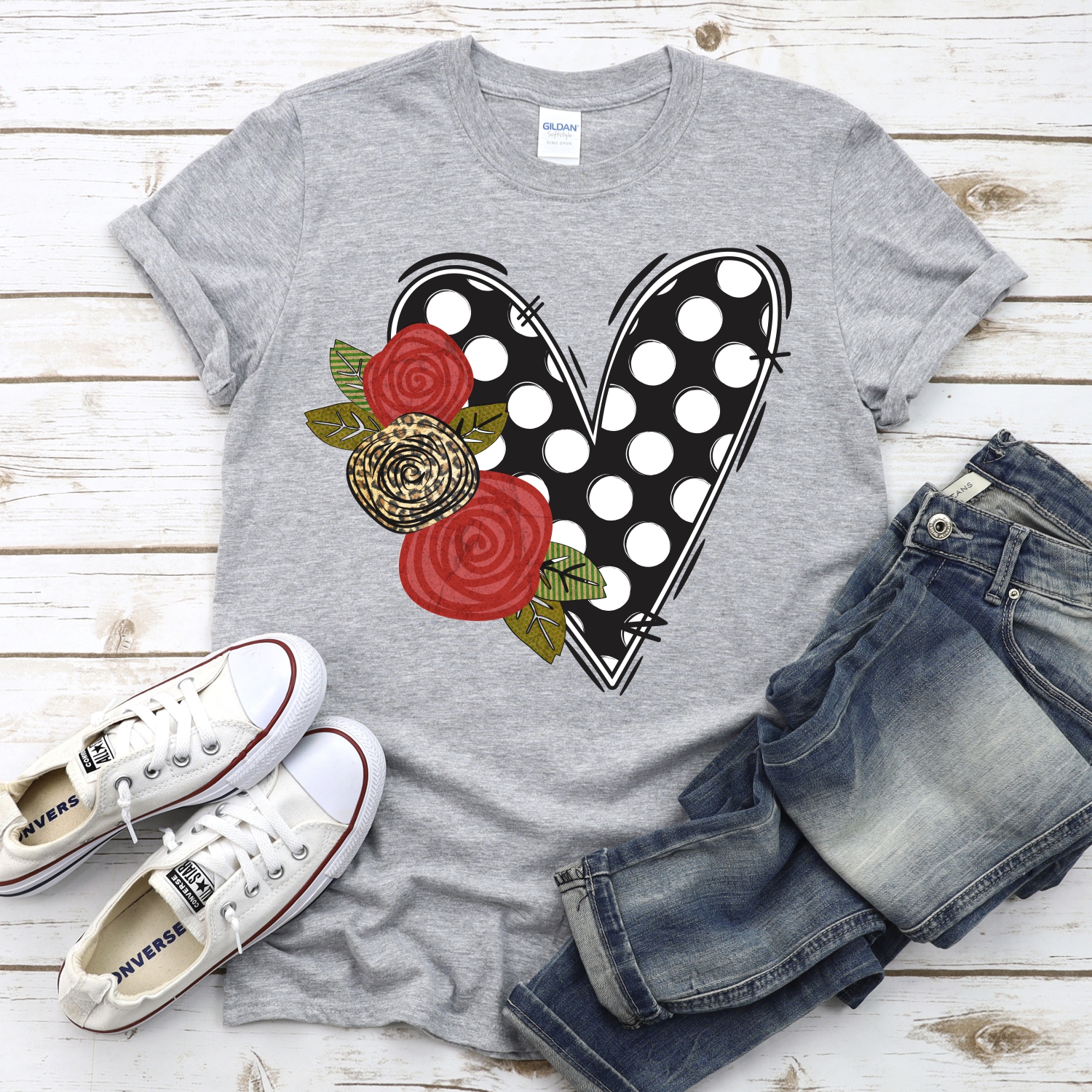 Black dot heart with roses *DTF* Transfer - Image 2