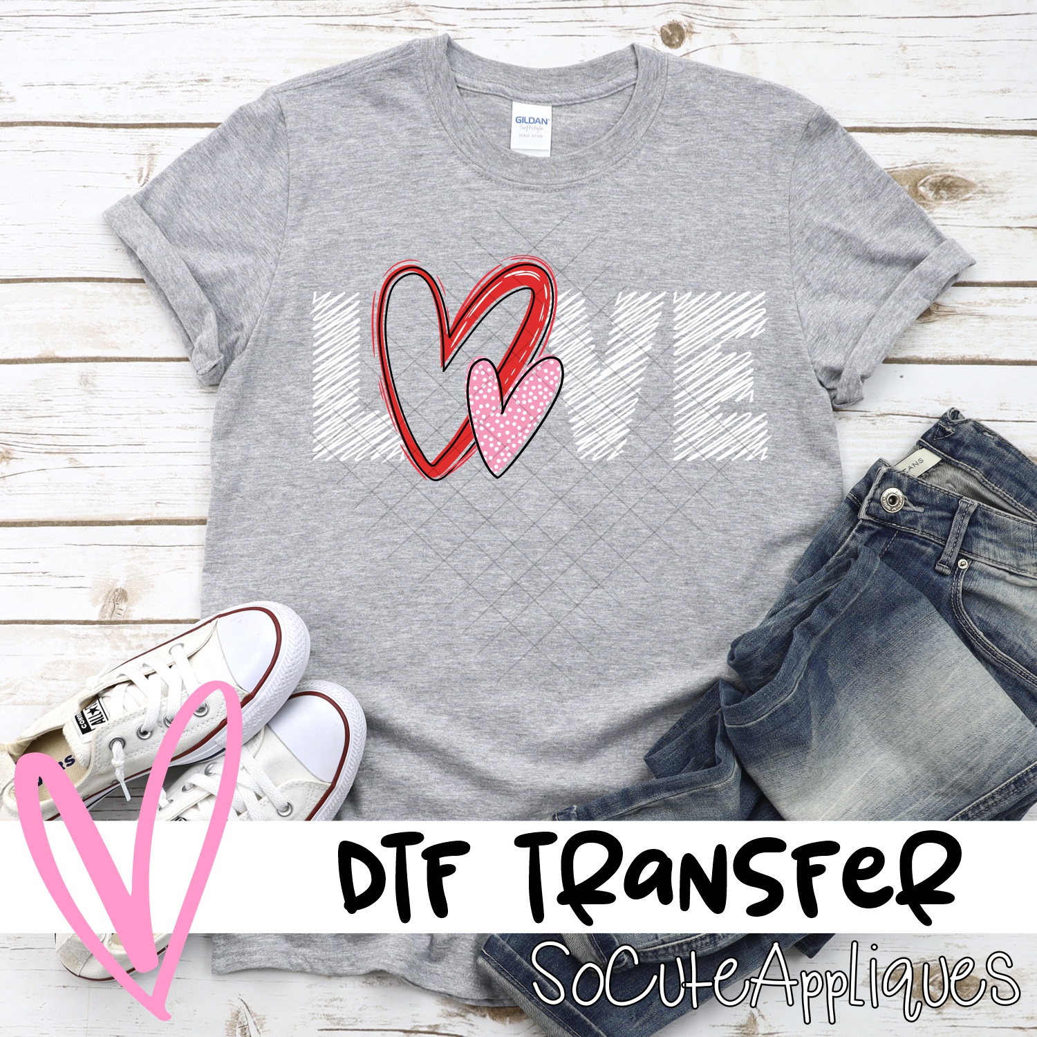 Love double heart scribble WHITE *DTF* Transfer