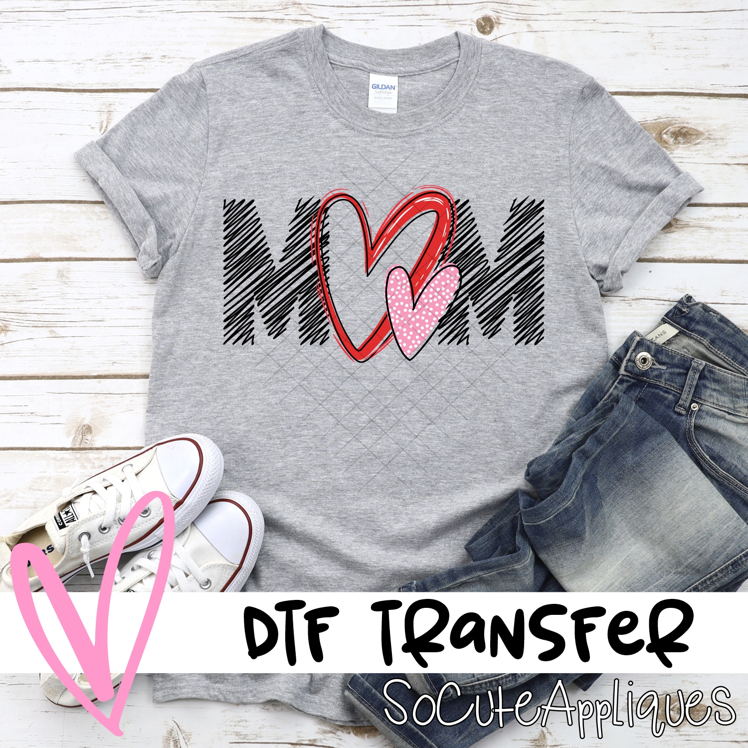 MOM double heart scribble BLACK *DTF* Transfer