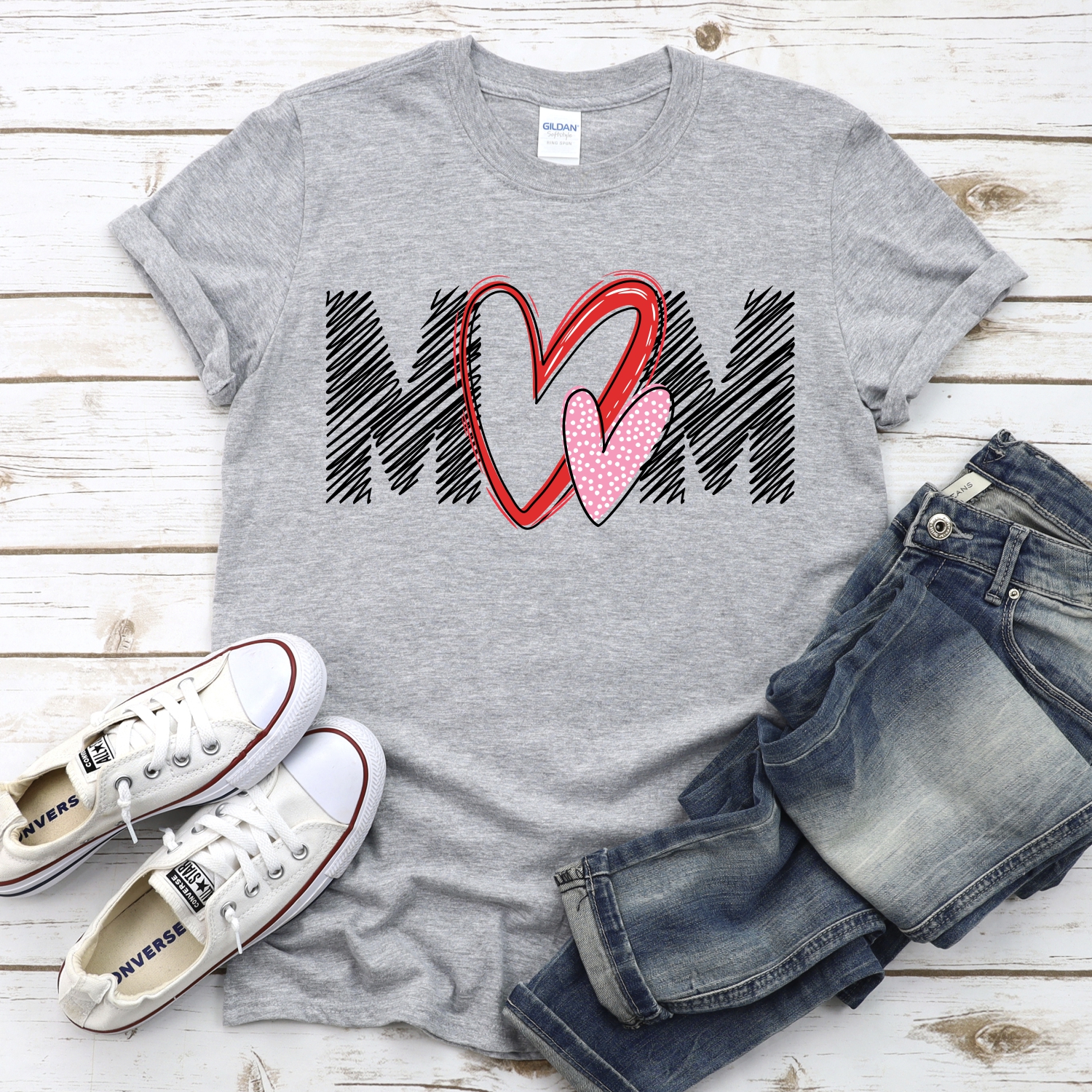 MOM double heart scribble BLACK *DTF* Transfer - Image 2