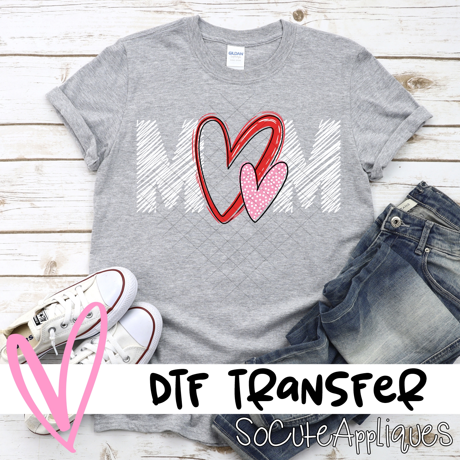 MOM double heart scribble WHITE *DTF* Transfer