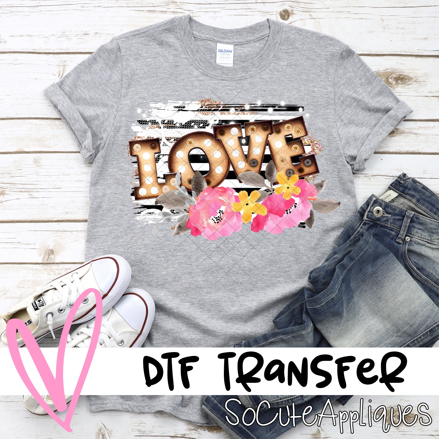 LOVE marquee letters on stripes *DTF* Transfer