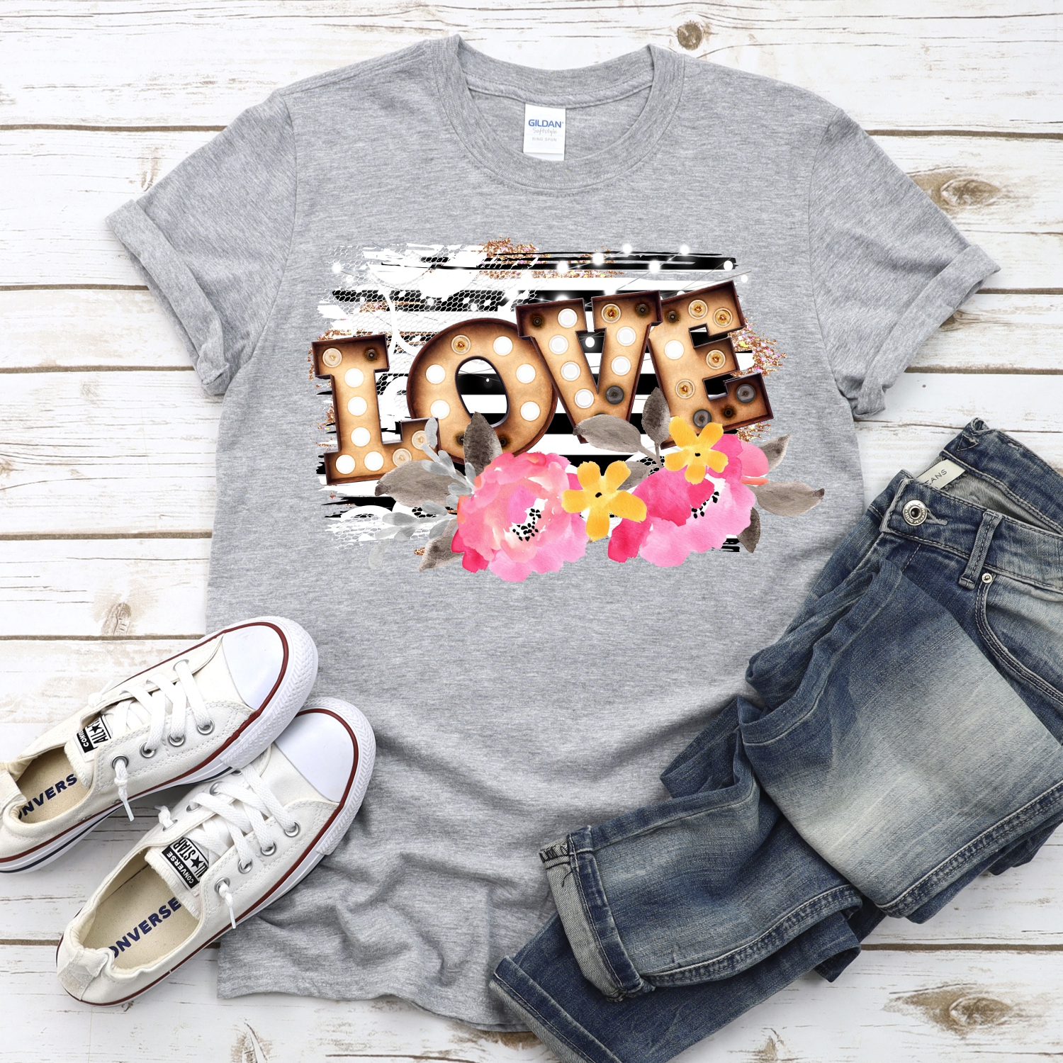 LOVE marquee letters on stripes *DTF* Transfer - Image 2