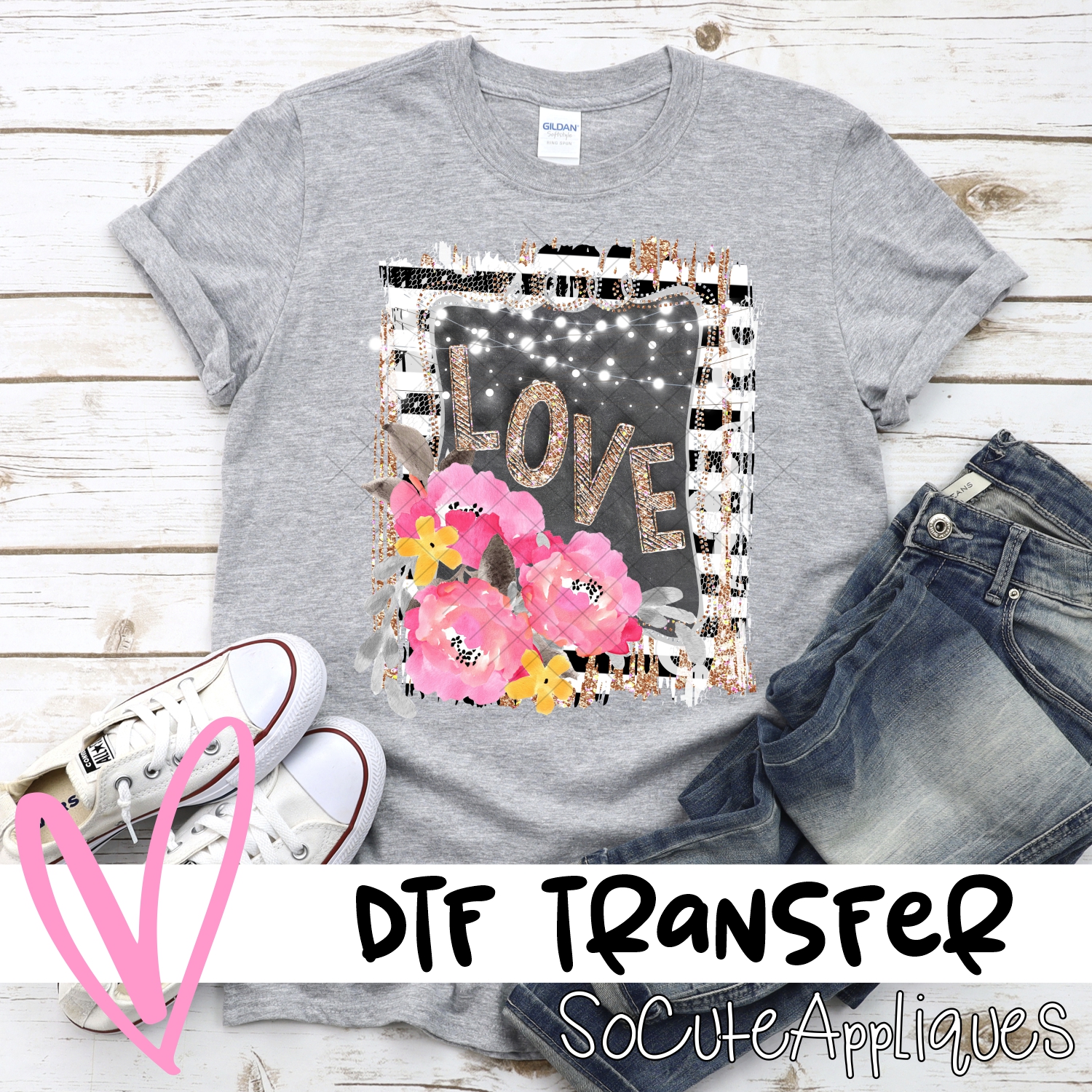 LOVE flowers on stripes *DTF* Transfer