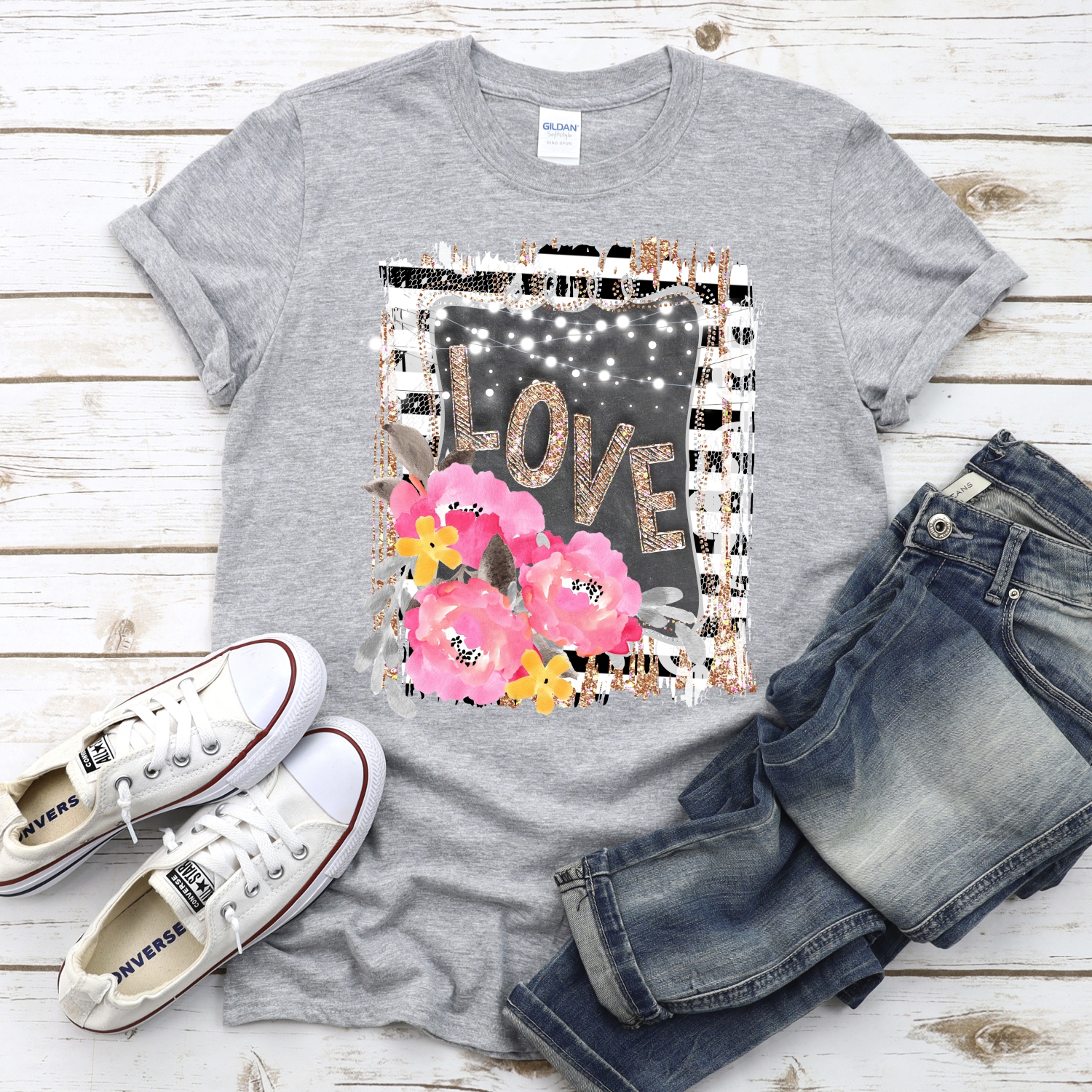 LOVE flowers on stripes *DTF* Transfer - Image 2