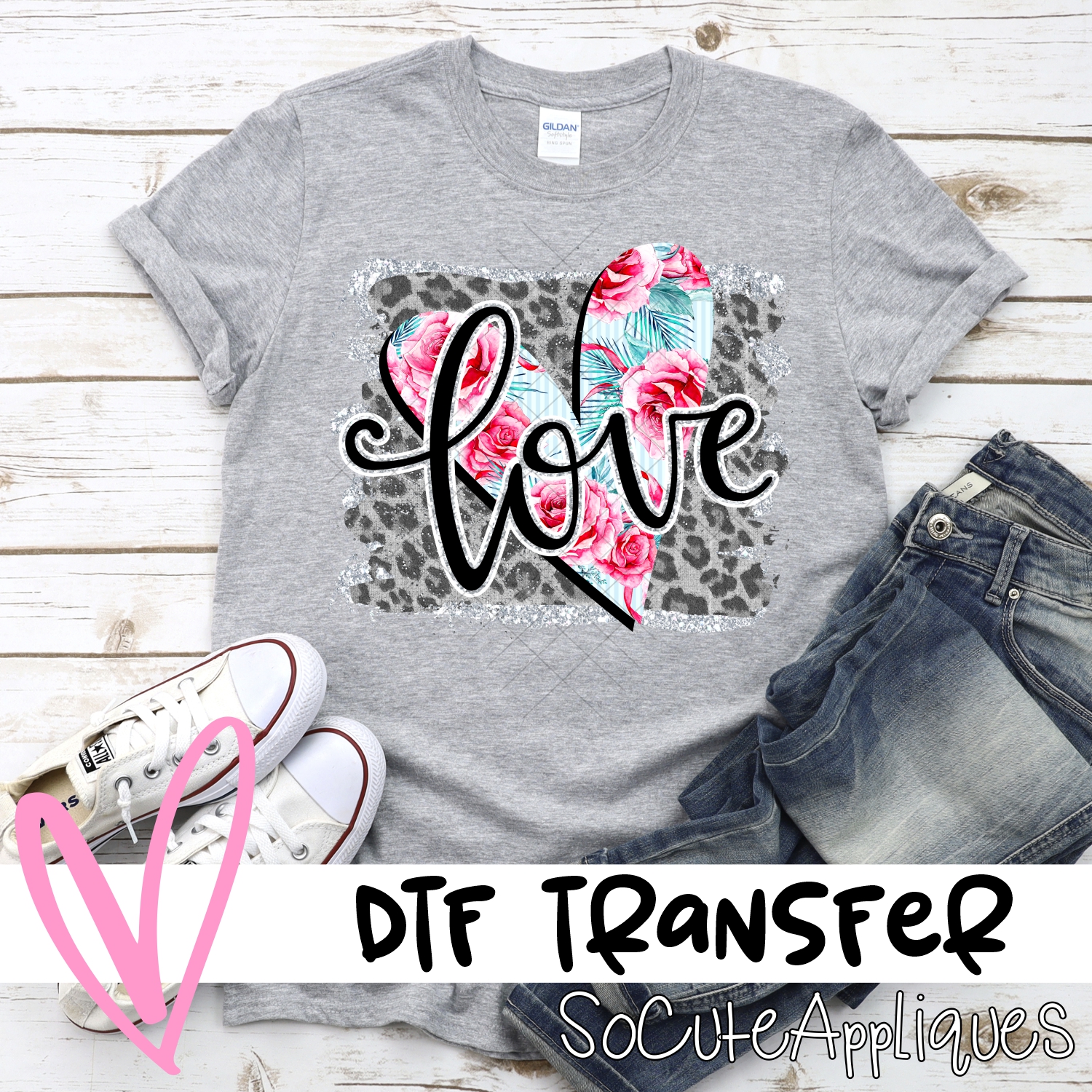 Love flower heart on gray leopard *DTF* Transfer
