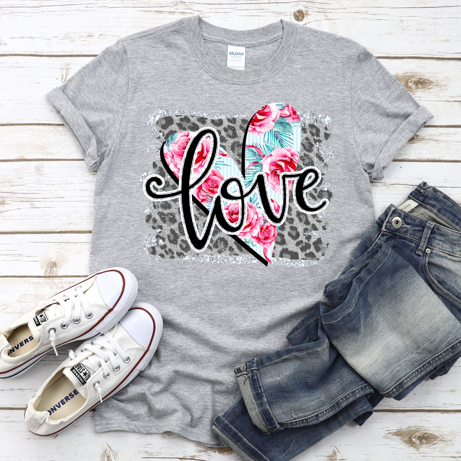 Love flower heart on gray leopard *DTF* Transfer - Image 2