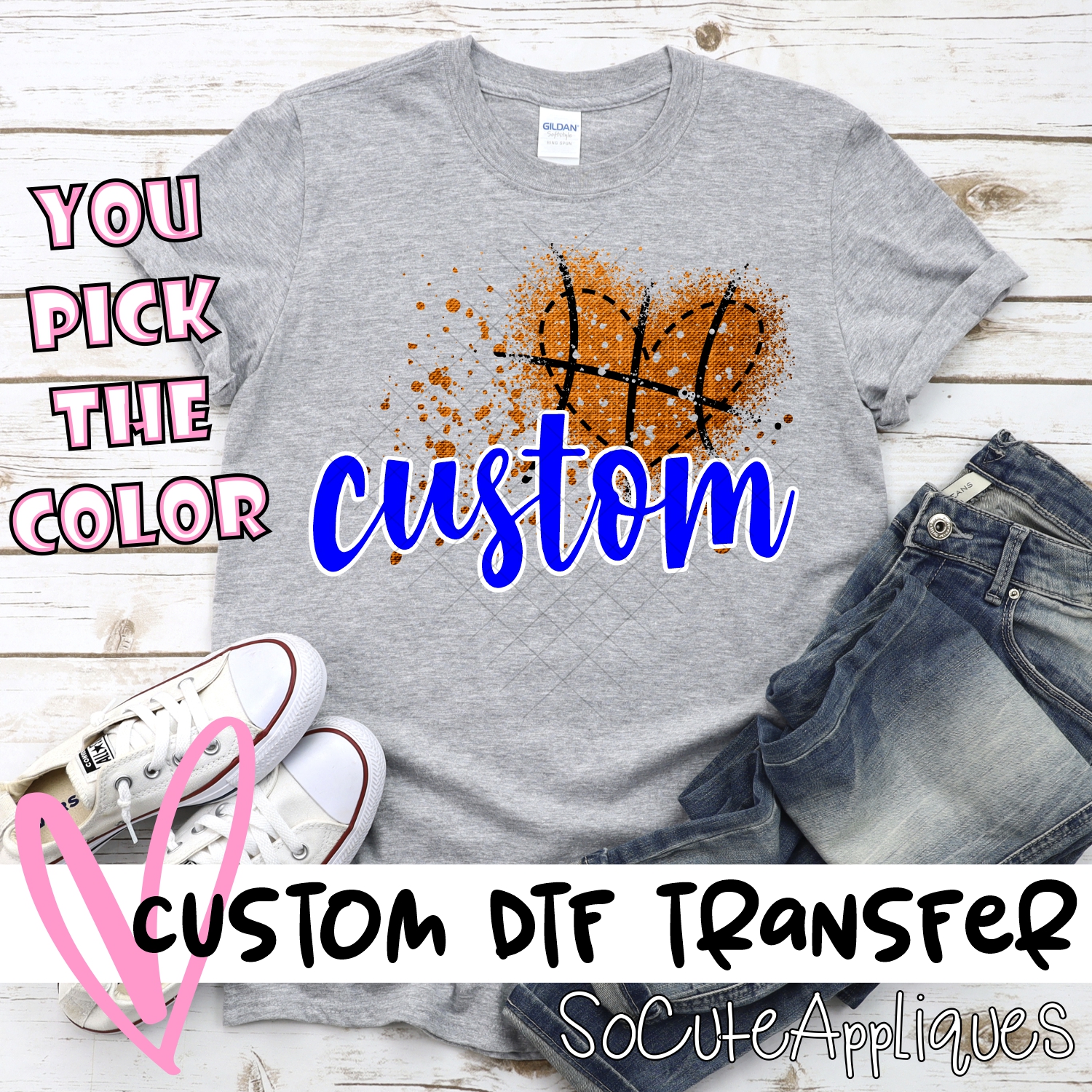 *CUSTOM NAME* Messy Basketball heart *DTF* Transfer  -SEEME