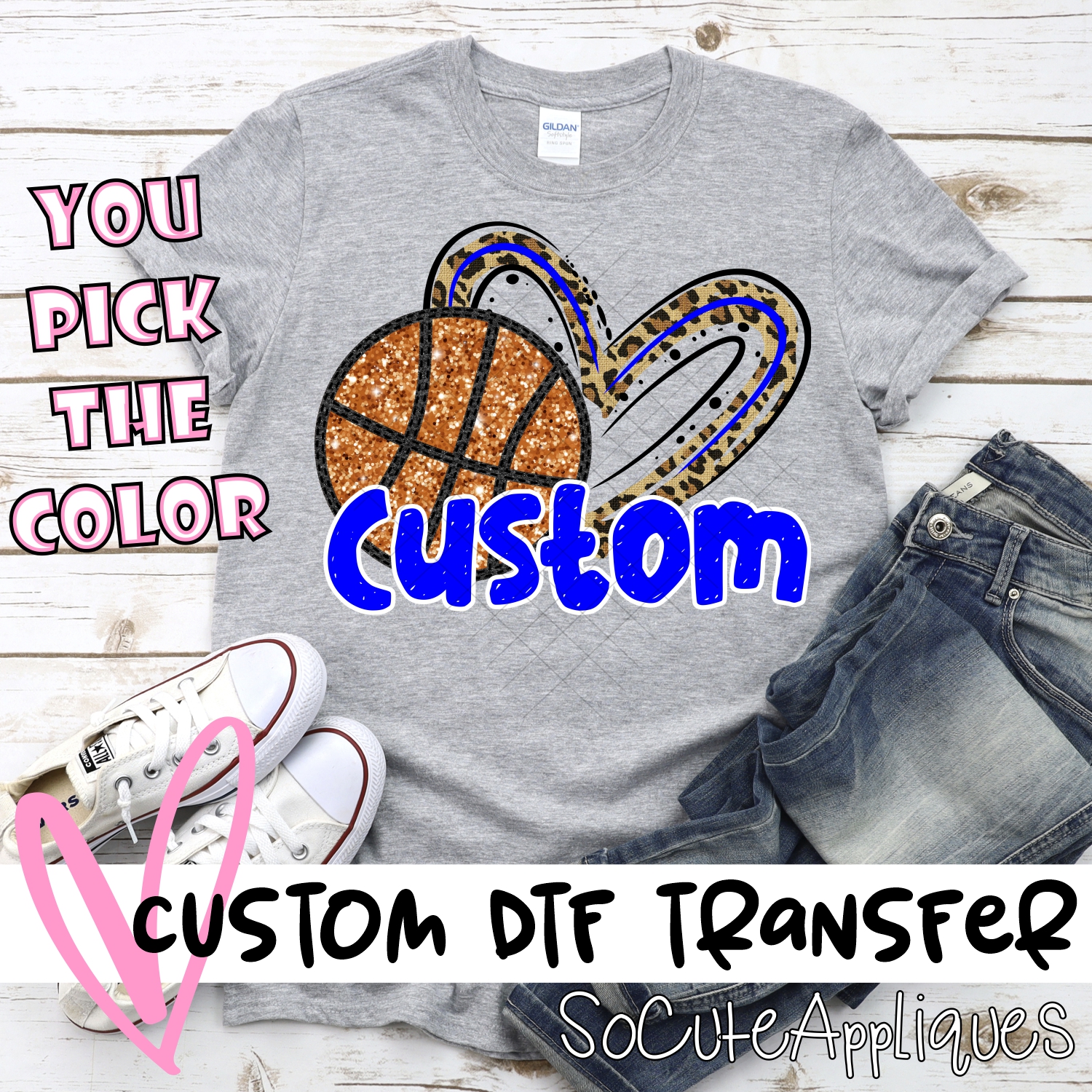 *CUSTOM NAME* Sequin Basketball with Leopard heart*DTF* Transfer  -SEEME