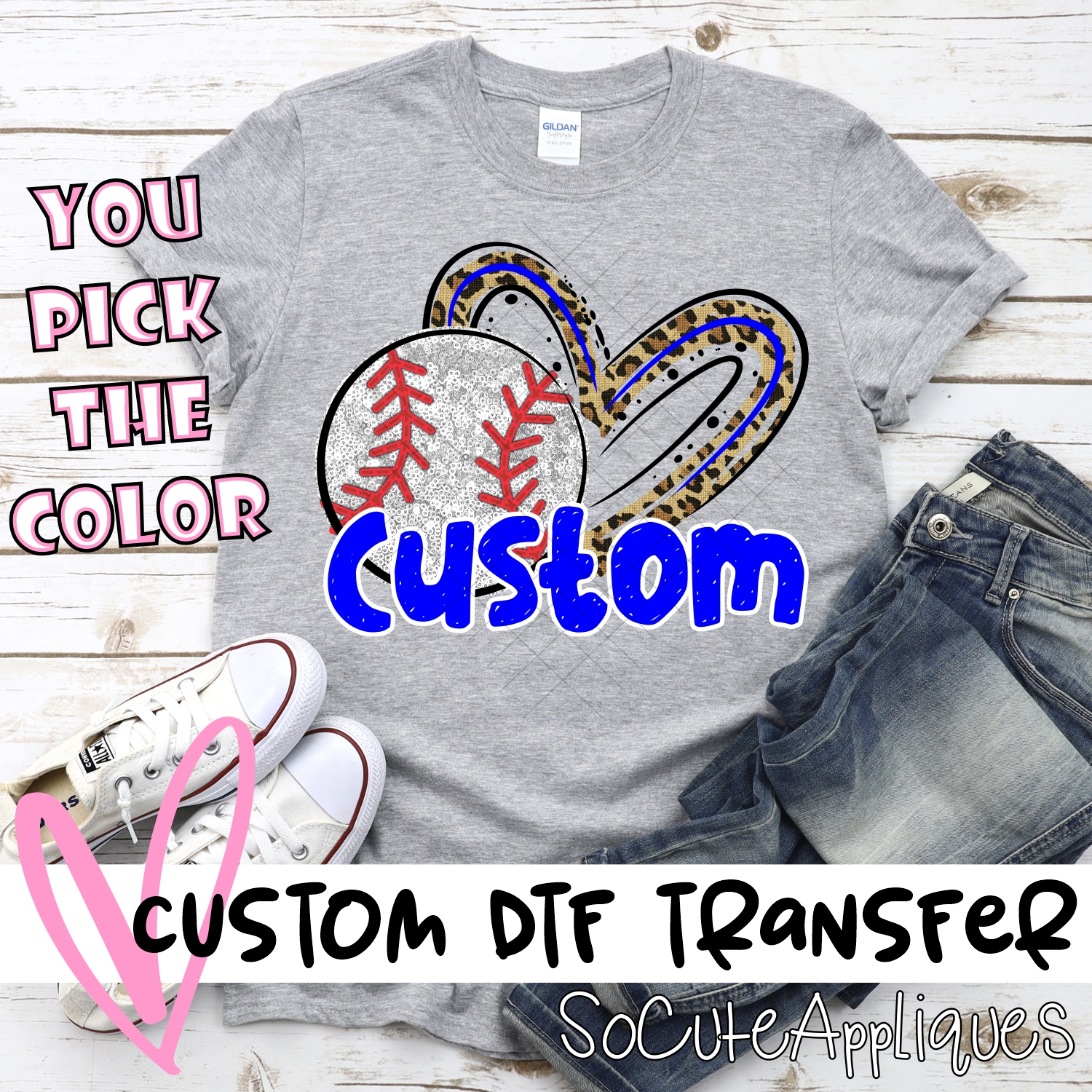 *CUSTOM NAME* Sequin Baseball with Leopard heart*DTF* Transfer  -SEEME
