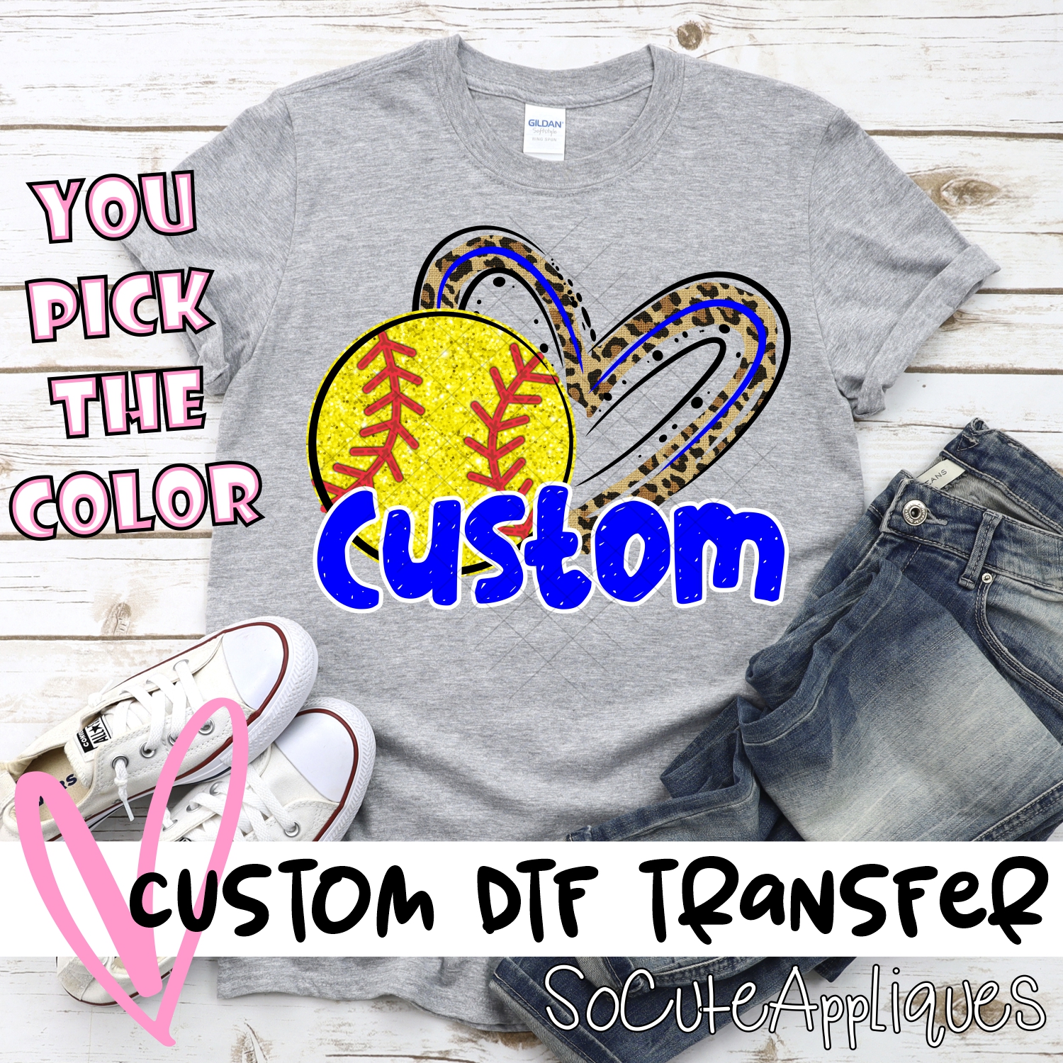 *CUSTOM NAME* Sequin Softball with Leopard heart*DTF* Transfer  -SEEME