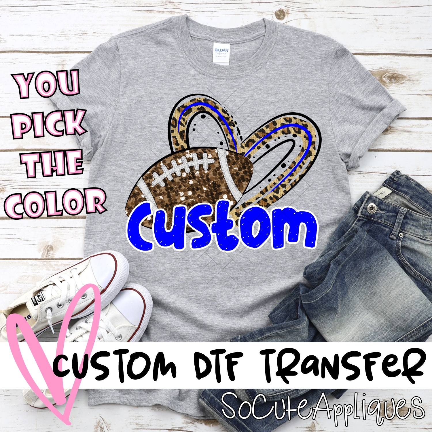*CUSTOM NAME* Sequin Football with Leopard heart*DTF* Transfer  -SEEME